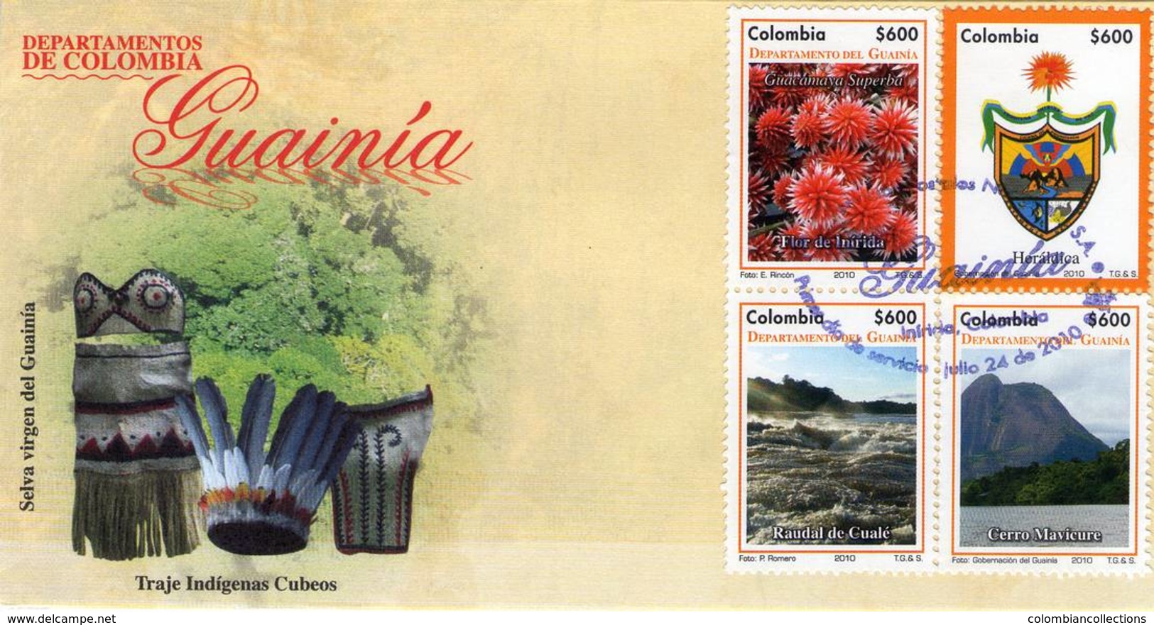 Lote 2636-47F, Colombia, 2010, 3 SPD-FDC, Depto De Guainia, Bird, River, Indigenous Themes, Coat Of Arms - Colombia