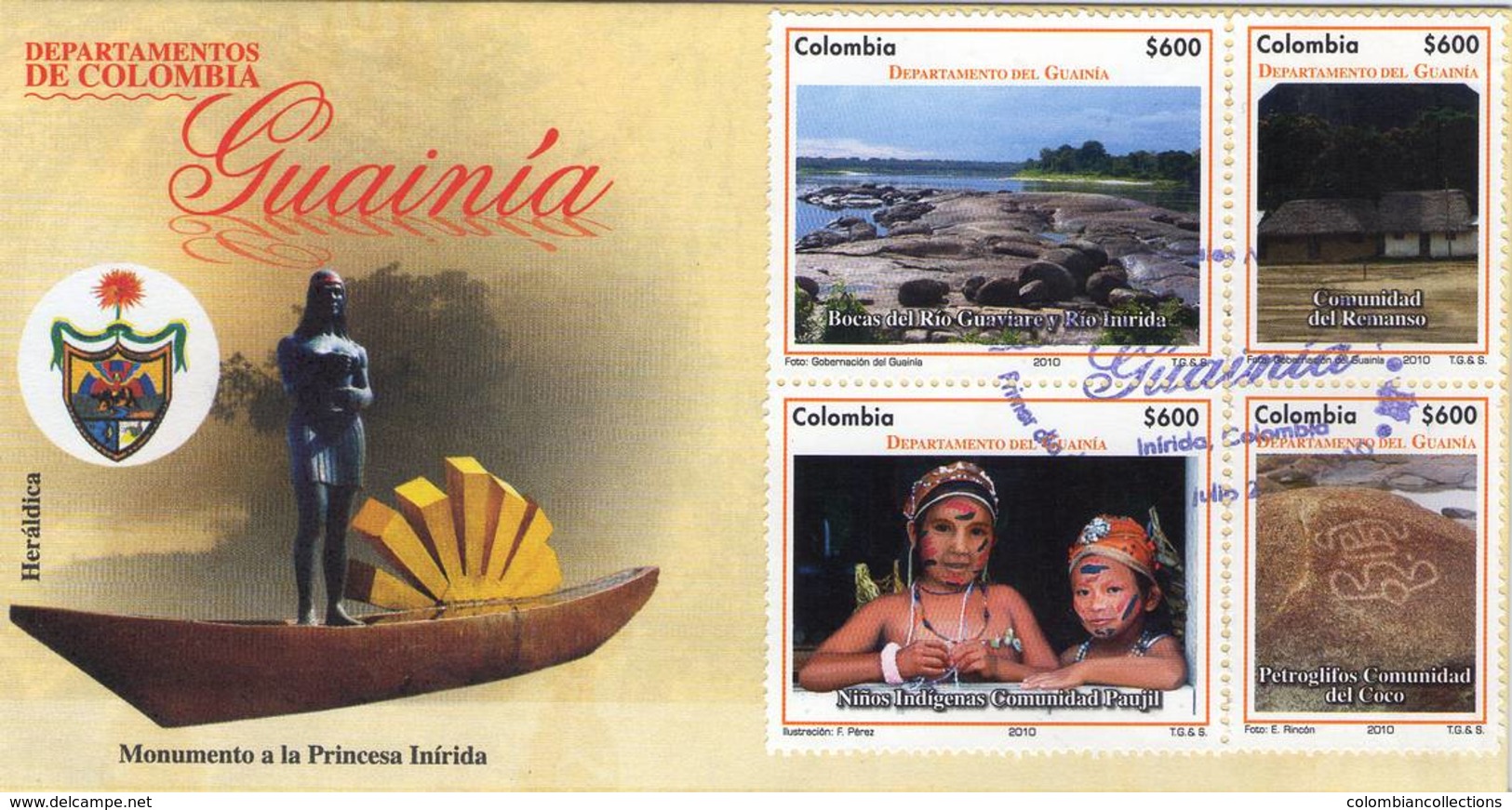 Lote 2636-47F, Colombia, 2010, 3 SPD-FDC, Depto De Guainia, Bird, River, Indigenous Themes, Coat Of Arms - Colombia