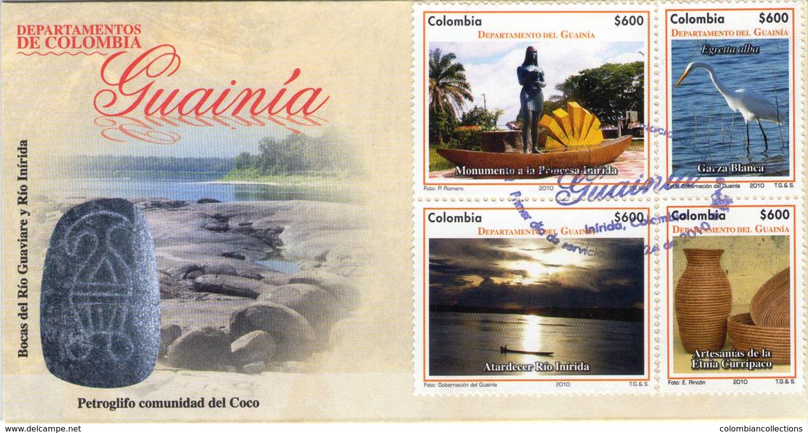 Lote 2636-47F, Colombia, 2010, 3 SPD-FDC, Depto De Guainia, Bird, River, Indigenous Themes, Coat Of Arms - Colombia