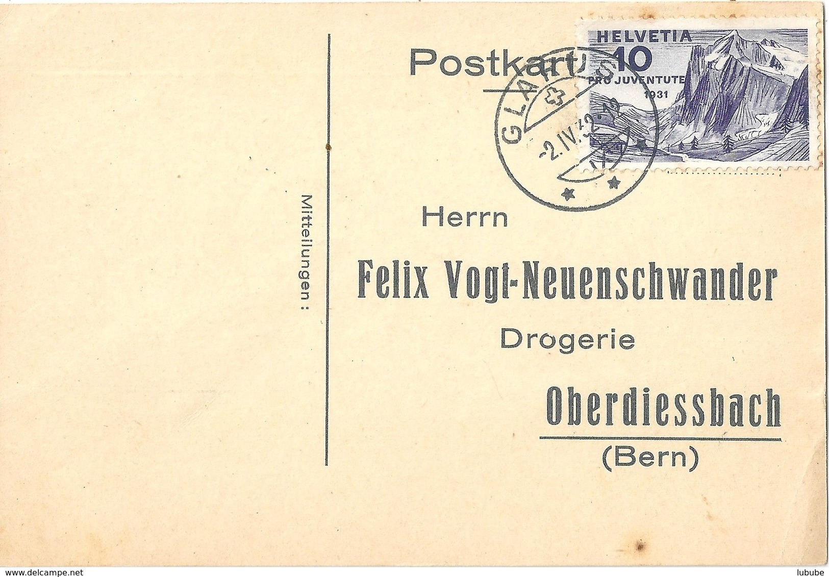 Bestellkarte  Glarus - Oberdiessbach          1932 - Storia Postale