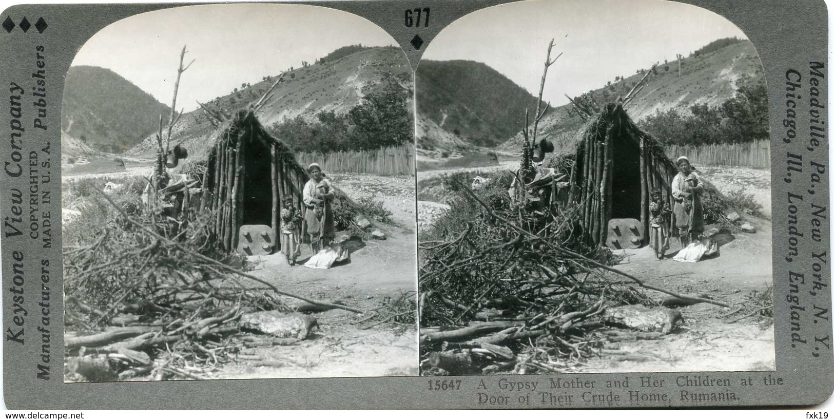 Romania ~ GYPSY CHILDREN & HOUSE OF STICKS Stereoview 15647 677x NEAR MINT - Photos Stéréoscopiques