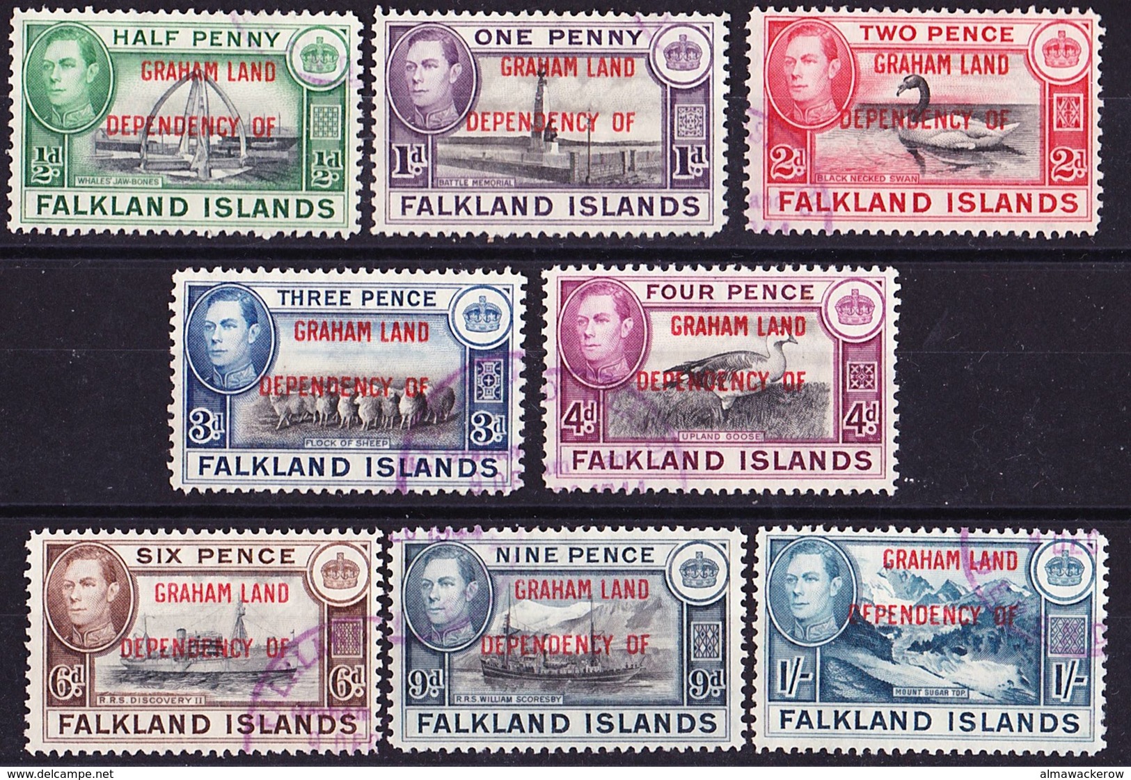 Falkland Islands Dependencies 1944 Graham Land Complete Set Mi/SG A1-A8 Used O - Falkland Islands