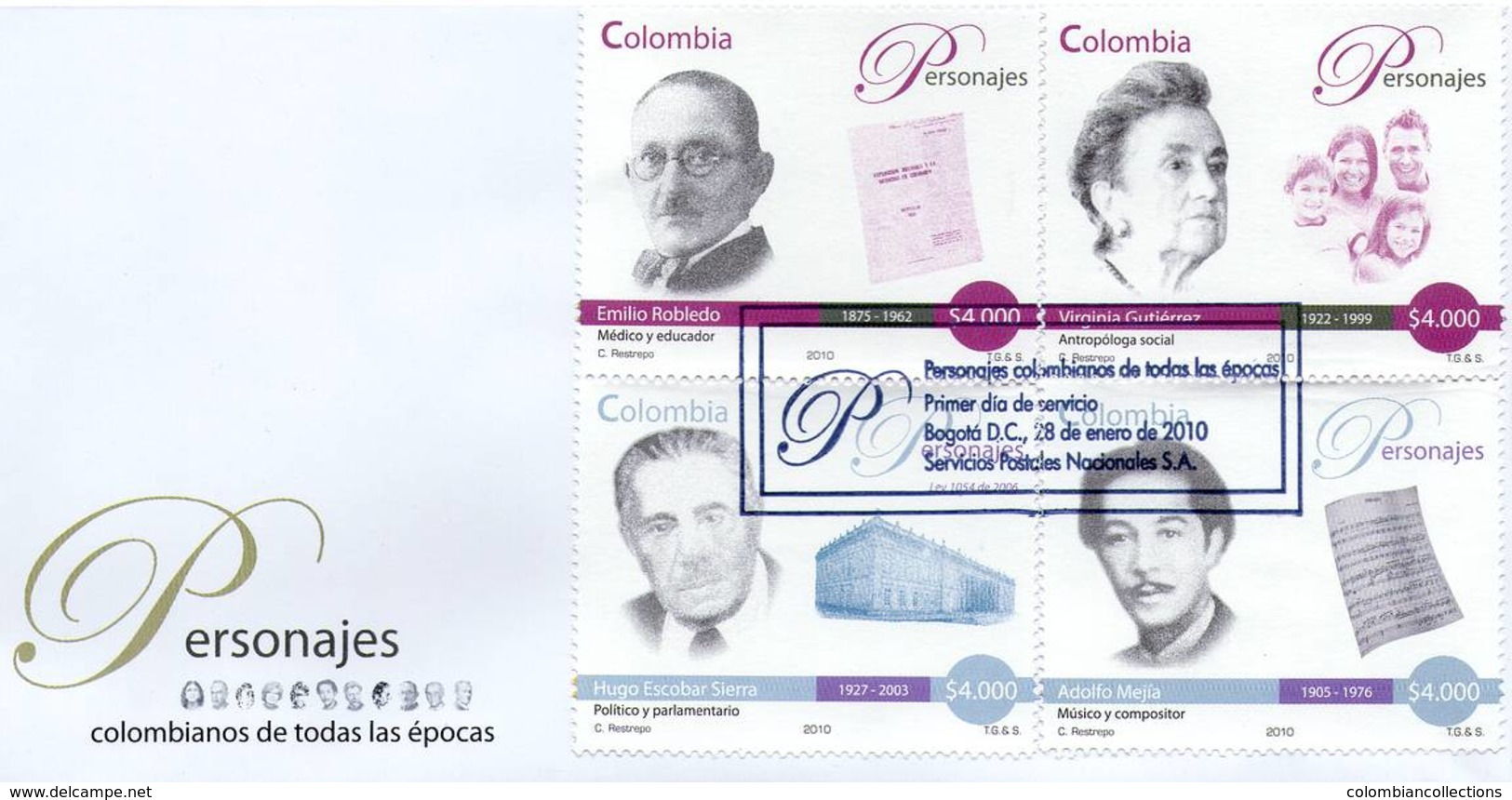 Lote 2587-98F, Colombia, 2010, 3 SPD-FDC, Personajes, Writer, Indigenous Woman, Poet, Personage - Colombia