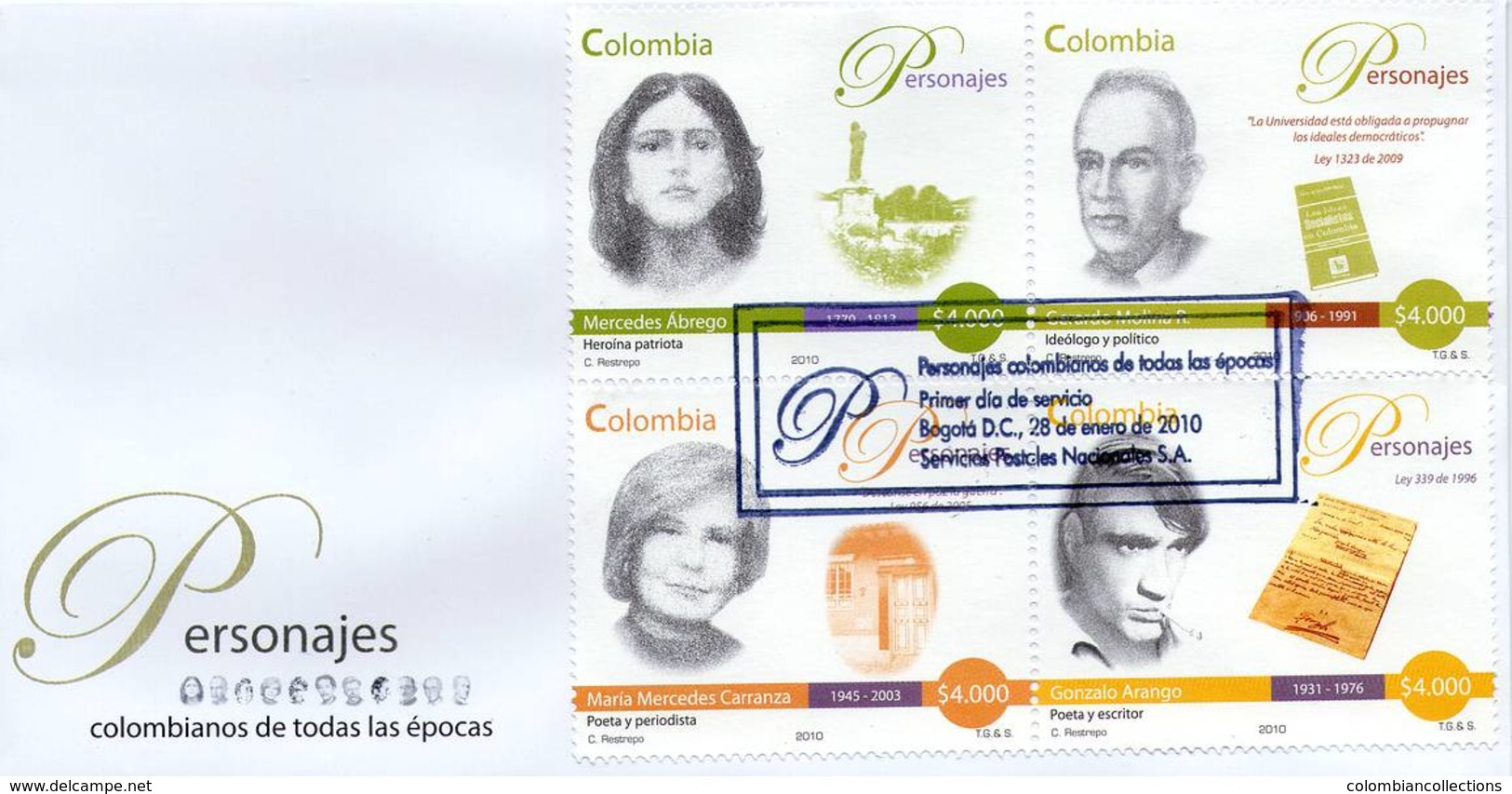 Lote 2587-98F, Colombia, 2010, 3 SPD-FDC, Personajes, Writer, Indigenous Woman, Poet, Personage - Colombia