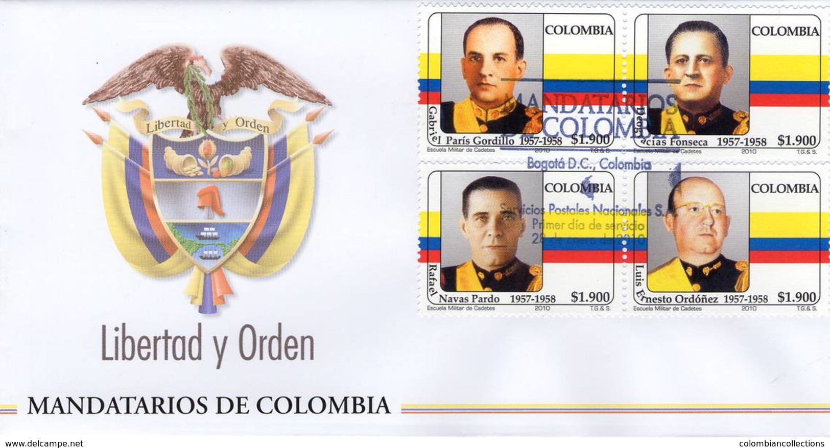 Lote 2567-86F, Colombia, 2010, 5 SPD-FDC, Mandatarios De Colombia, Personajes, Personage, President, Coat Or Arms - Colombie