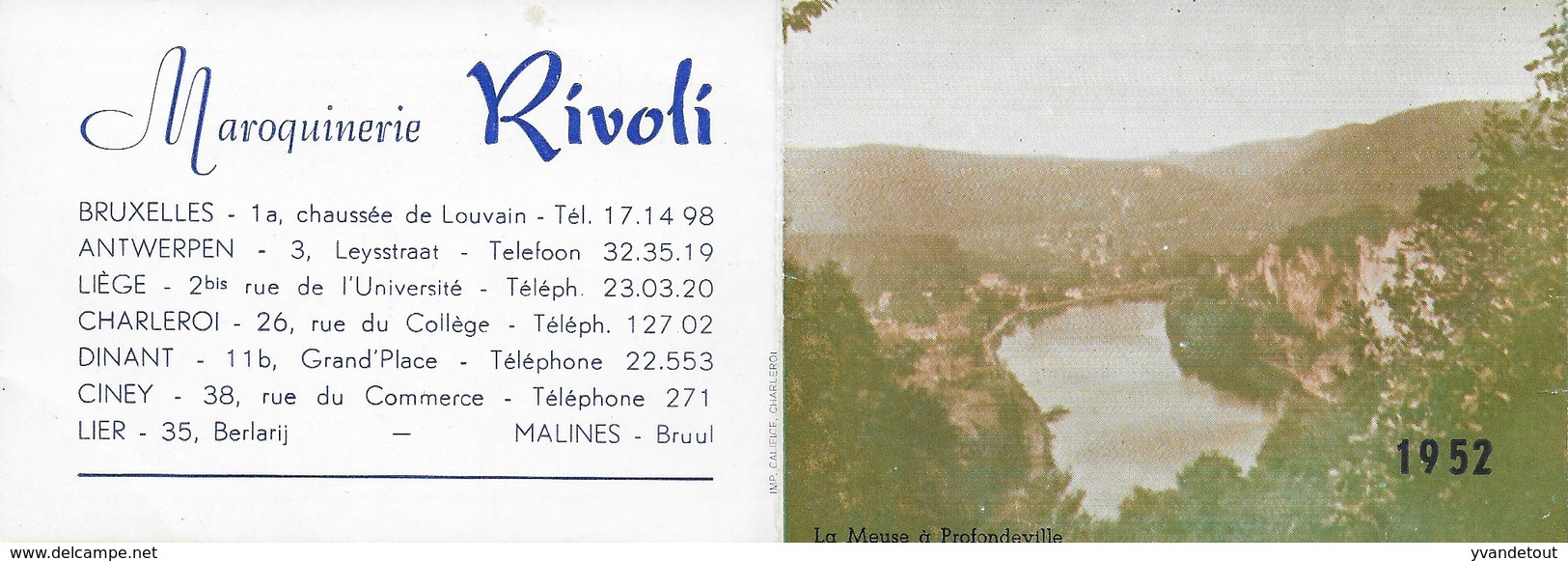 Petit Calendrier 1952. Dinant. Maroquinerie. Bruxelles Antwerpen, Liège, Charleroi, Ciney, Lier. Meuse à Profondeville - Small : 1941-60