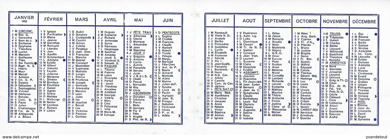 Petit Calendrier 1952. Dinant. Maroquinerie. Bruxelles Antwerpen, Liège, Charleroi, Ciney, Lier. Meuse à Profondeville - Petit Format : 1941-60