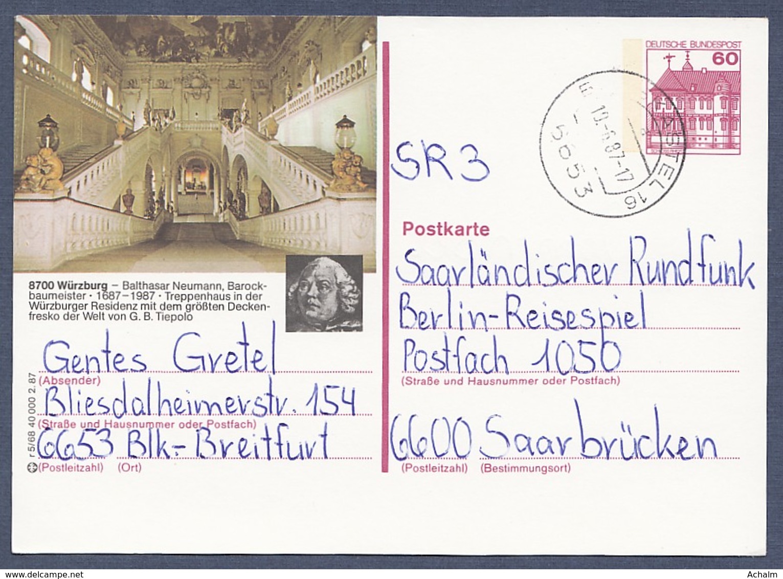 Germany-BRD - Bildpostkarte Von 1987 - P 138 R 5/68 - Gebraucht - Würzburg, Treppenhaus In Der Residenz (P138r) - Bildpostkarten - Gebraucht