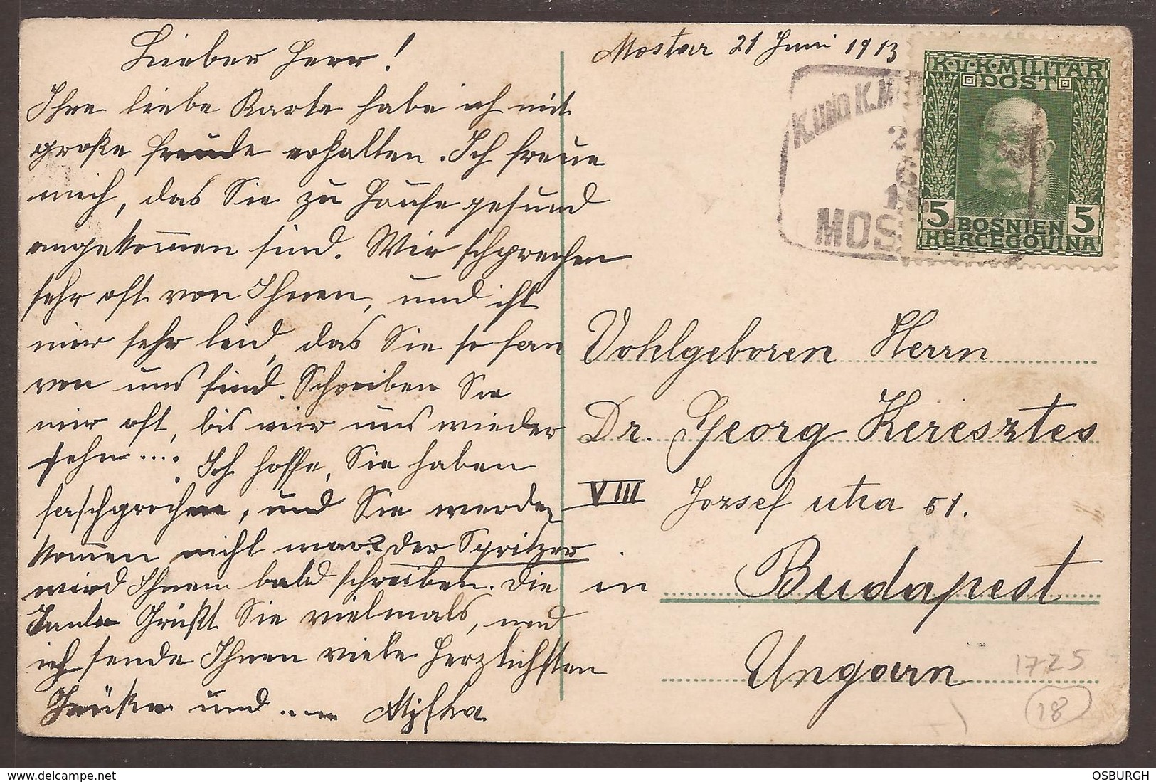 AUSTRIA / BOSNIA. 1913. POSTCARD OF MOSTAR. BOXED CANCEL OF MOSTAR. USED. - Bosnia And Herzegovina