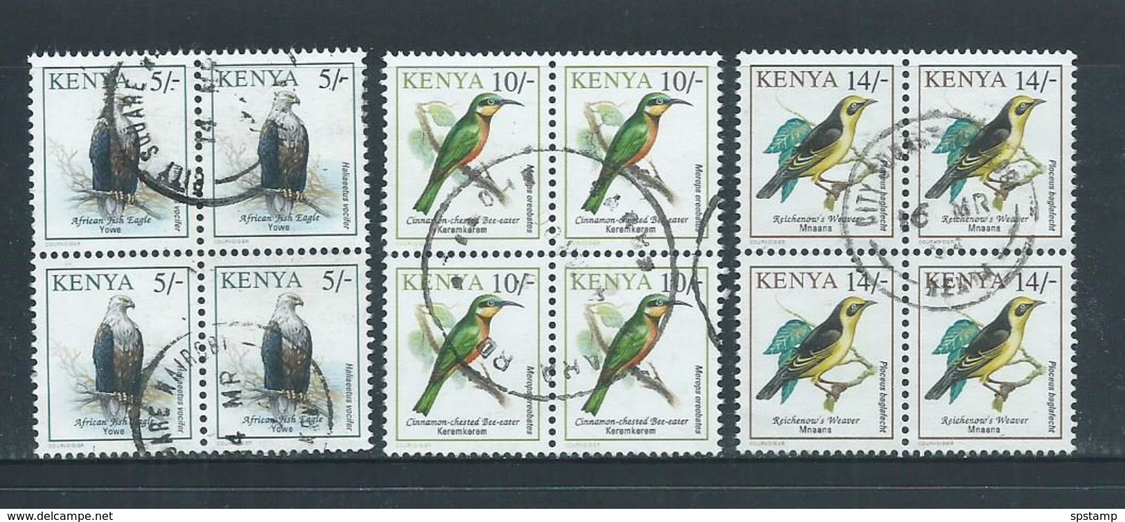 Kenya 1993 Birds 5/- , 10/- & 14/- FU Blocks Of 4 - Kenya (1963-...)