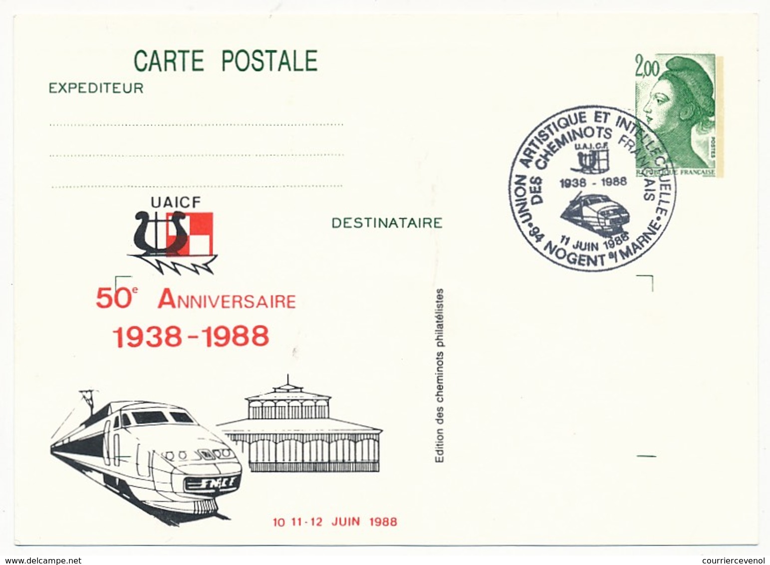 France - Entier Repiqué (2,00 Liberté) - 50eme Anniversaire Cheminots Philatélistes - NOGENT SUR MARNE 11 Juin 1988 - Postales  Transplantadas (antes 1995)