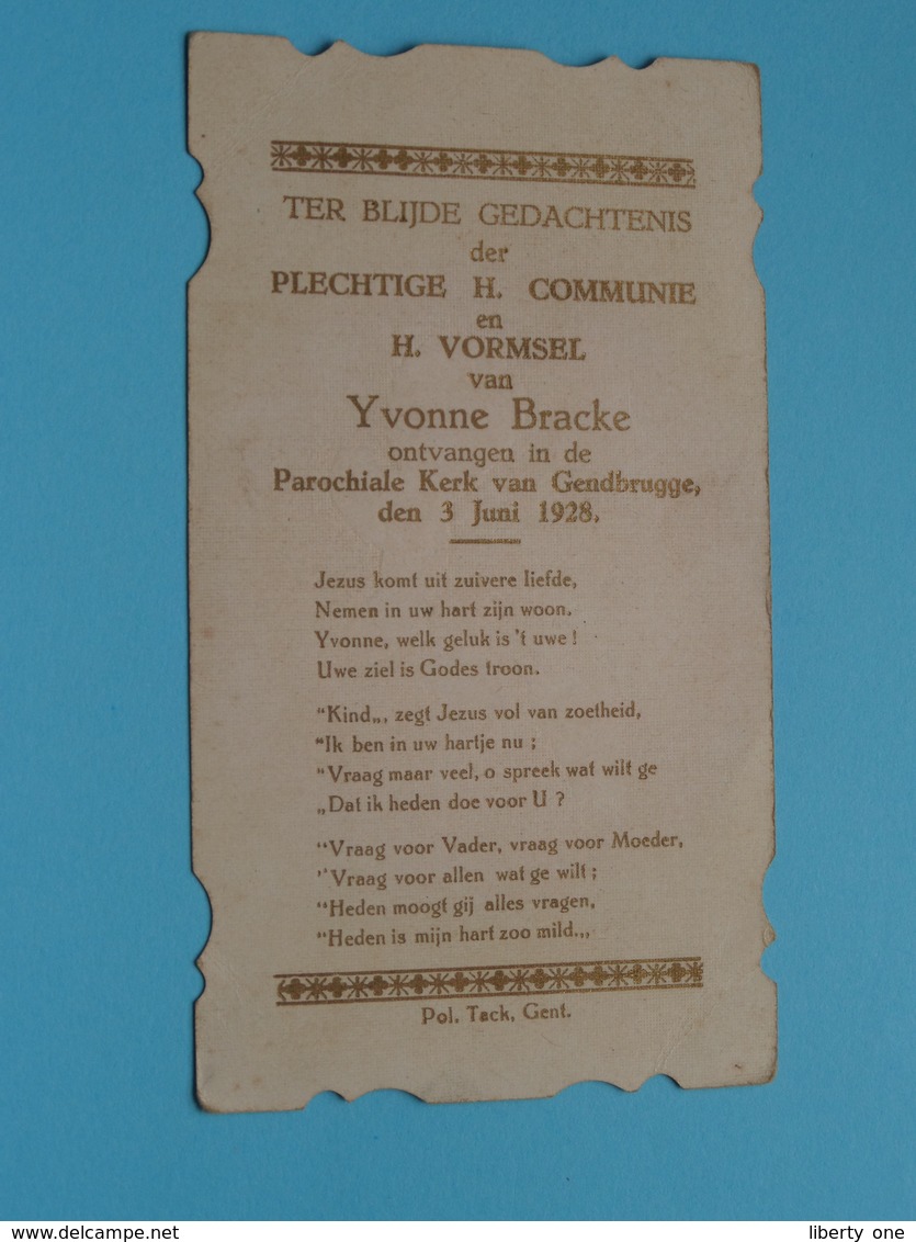 Yvonne BRACKE I/d Kerk Van GENDBRUGGE Op 3 Juni 1928 ( Zie / Voir Photo ) ! - Comunión Y Confirmación