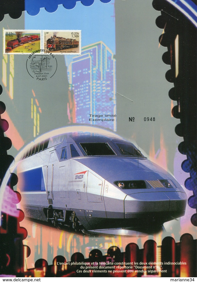 France - FDC -2001- Les Légendes Du Rail, Encart Philatélique Sans Télécarte (carte Format 21/29) - 2000-2009