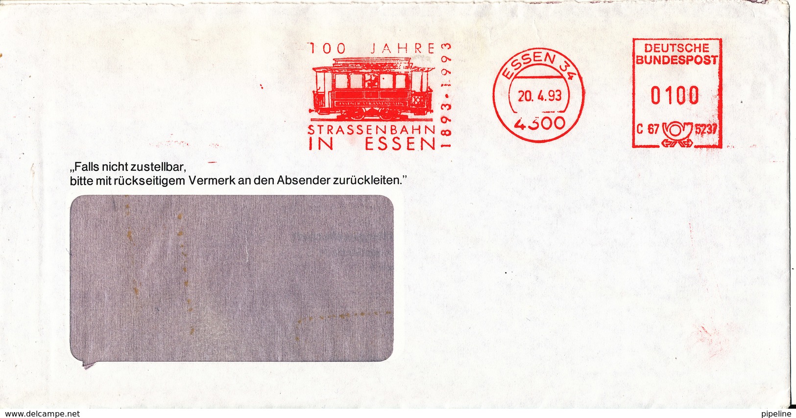 Germany Cover With Meter Cancel Essen 20-4-1993 (Strassenbahn In Essen 100 Jahre) - Covers & Documents