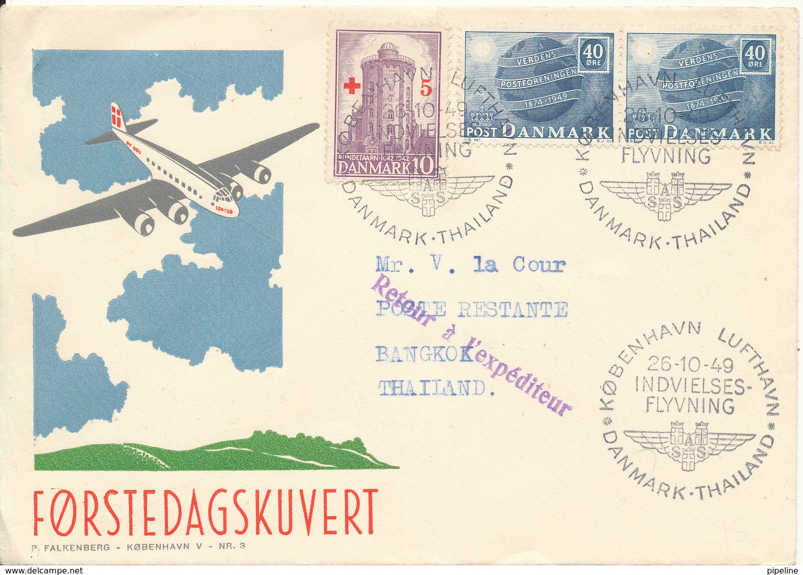 Denmark Cover First SAS Flight Copenhagen Thailand 26-10-1949 With UPU And RED CROSS Stamps - Covers & Documents