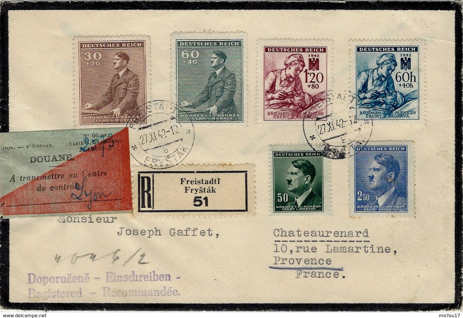 1942- Reg. Cover From FREISTADT ( Frystak ) Morovia - .nice Franking + French Douanr étiquette - Lettres & Documents