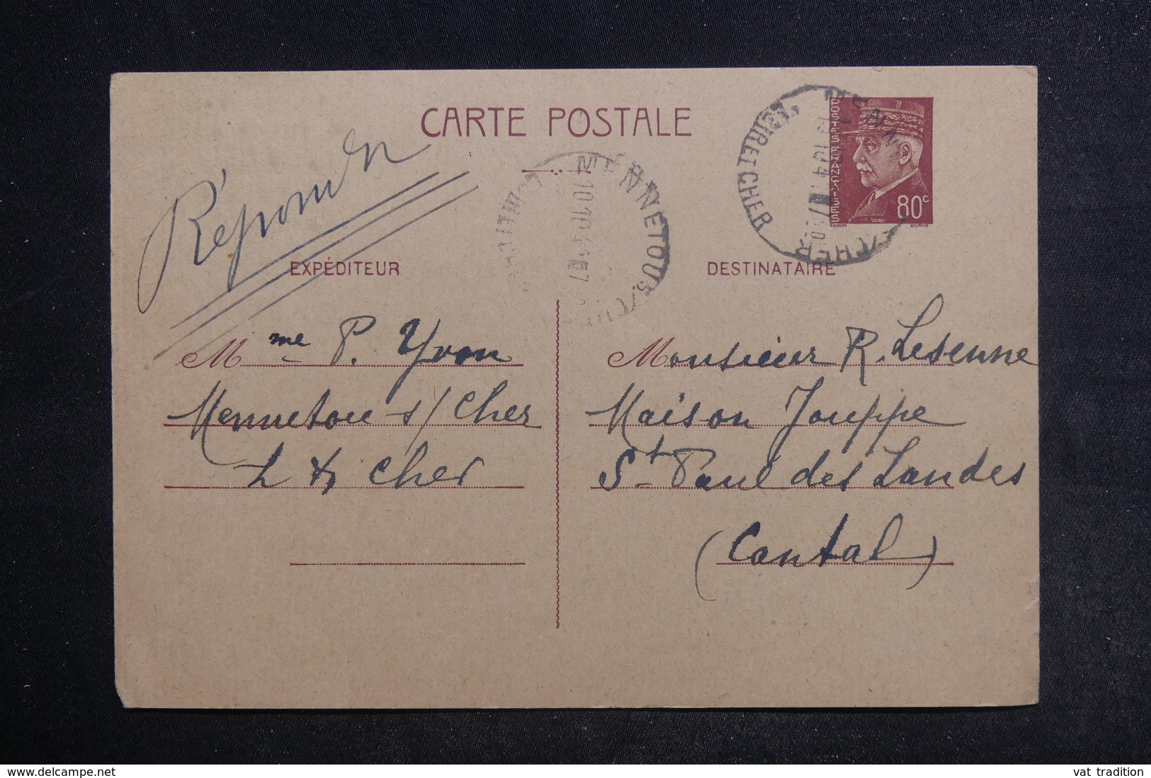 FRANCE - Entier Postal Type Pétain De Ménnetous / Cher Pour St Paul Les Landes En 1941 - L 38448 - Cartes Postales Types Et TSC (avant 1995)