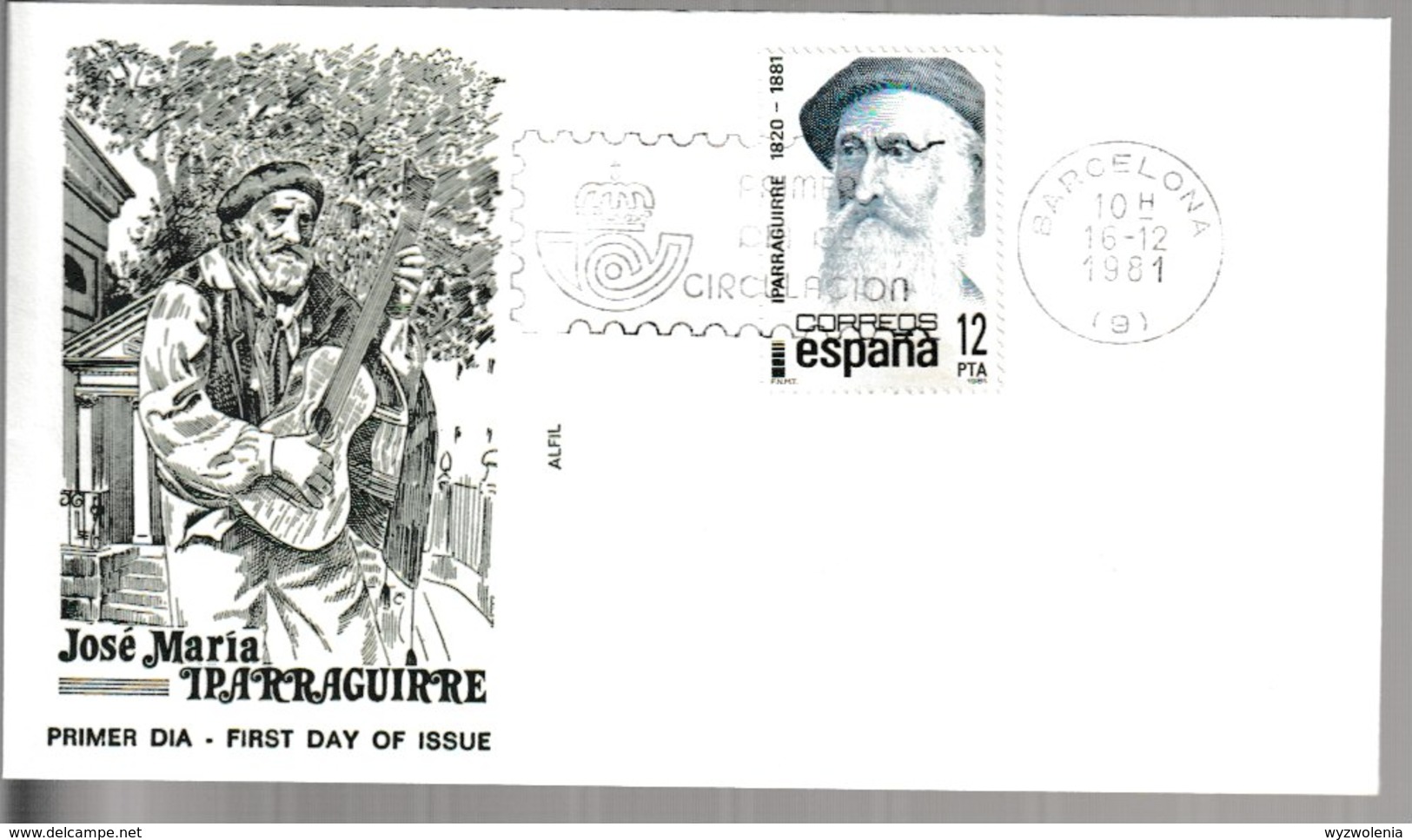 N 301) Spanien 1981 Mi 2531 FDC Barcelona: 100. Todestag José Maria Iparraguirre, Gitarrist Gitarre - Music