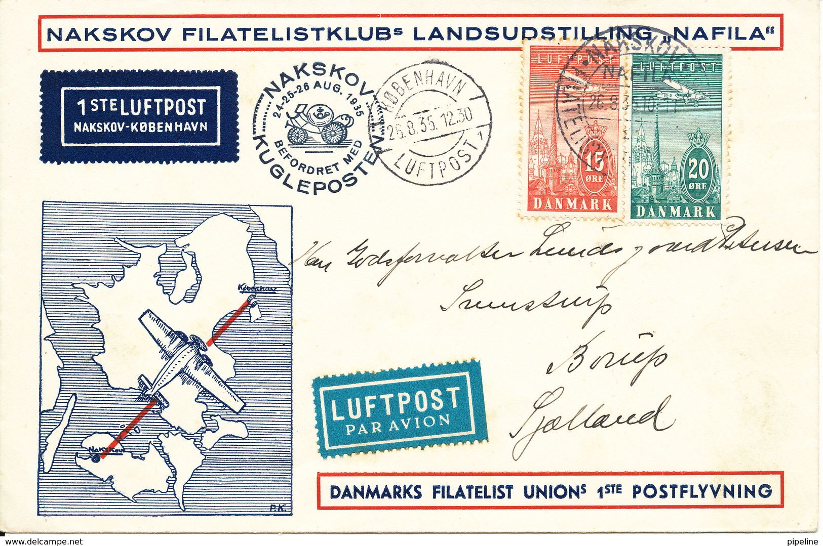 Denmark Cover First Airmail Flight Nakskov - Copenhagen 26-8-1935 With Airmail Stamps - Covers & Documents