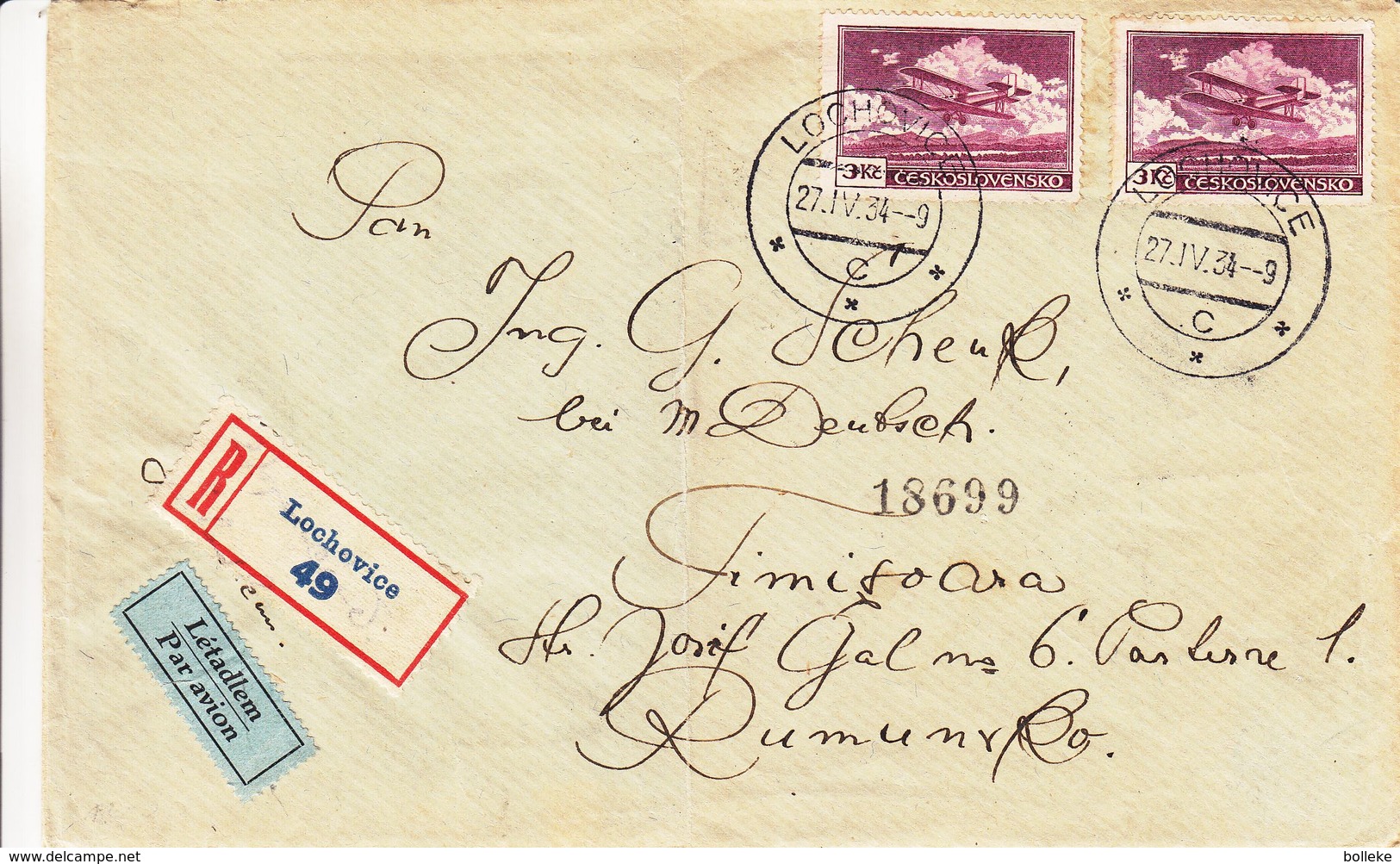 Tchècoslovaquie - Lettre Recom De 1934 - Oblit Lochovice - Exp Vers Timisoara - Cachet De Praha - Avec 2 Vignettes - Covers & Documents