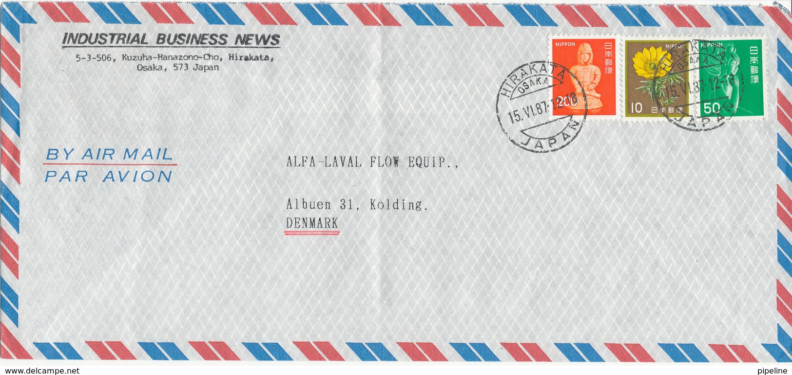 Japan Air Mail Cover Sent Denmark Hirakata Osaka 15-6-1987 Topic Stamps (light Bended Cover) - Airmail