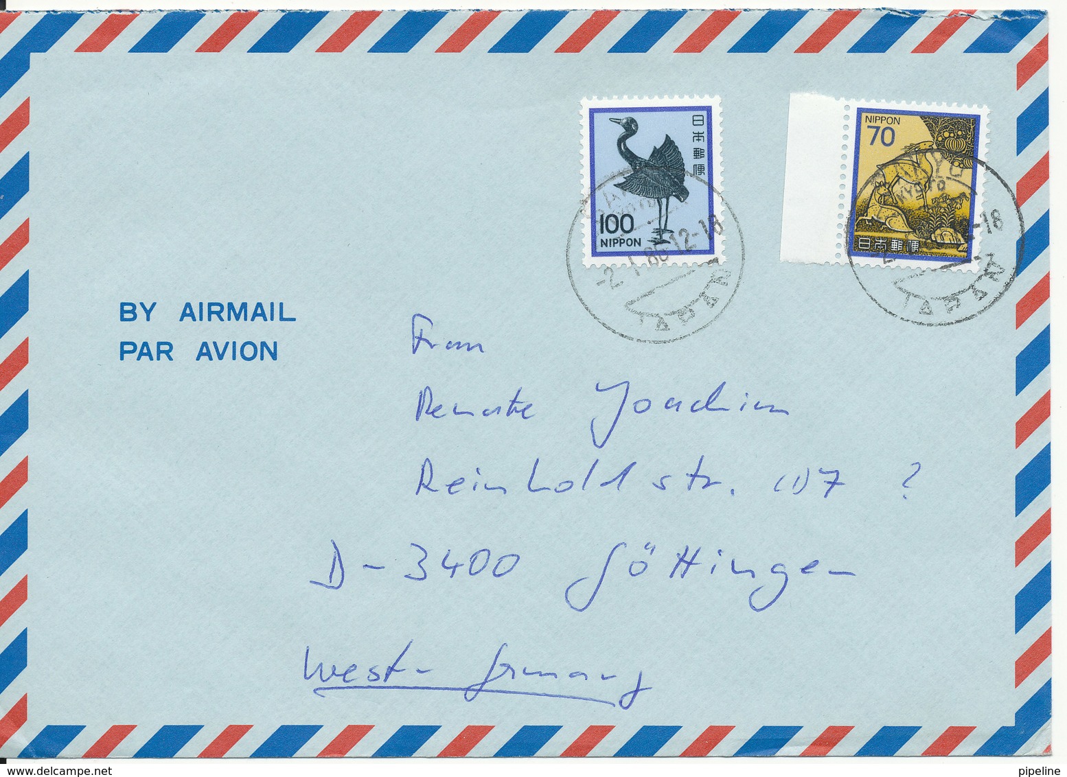 Japan Air Mail Cover Sent To Germany Sakyo 2-1-1986 - Airmail