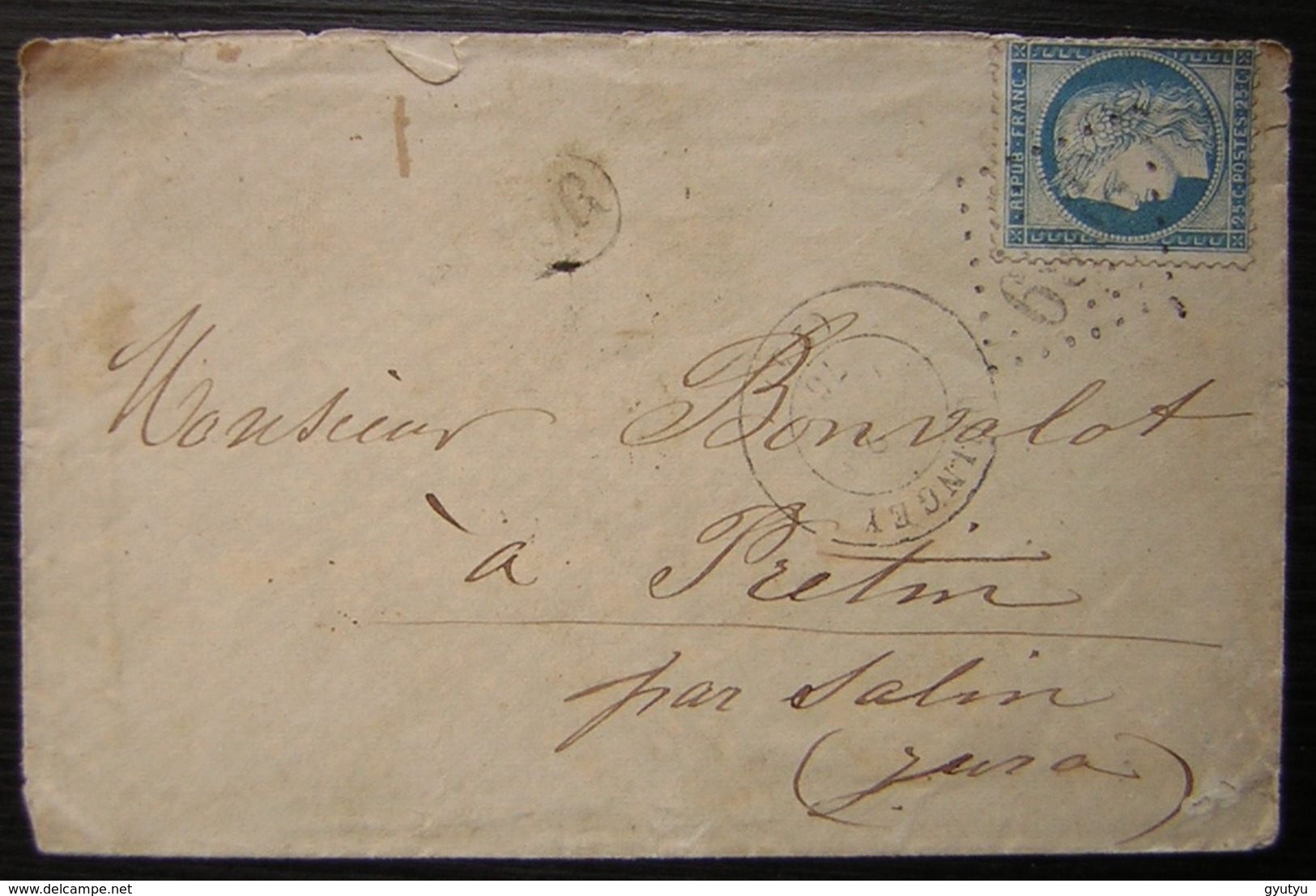 Quingey 1876  Gc 3069  (Doubs) Lettre Avec Origine Rurale Pour Pretin Par Salin (Jura) - 1849-1876: Période Classique