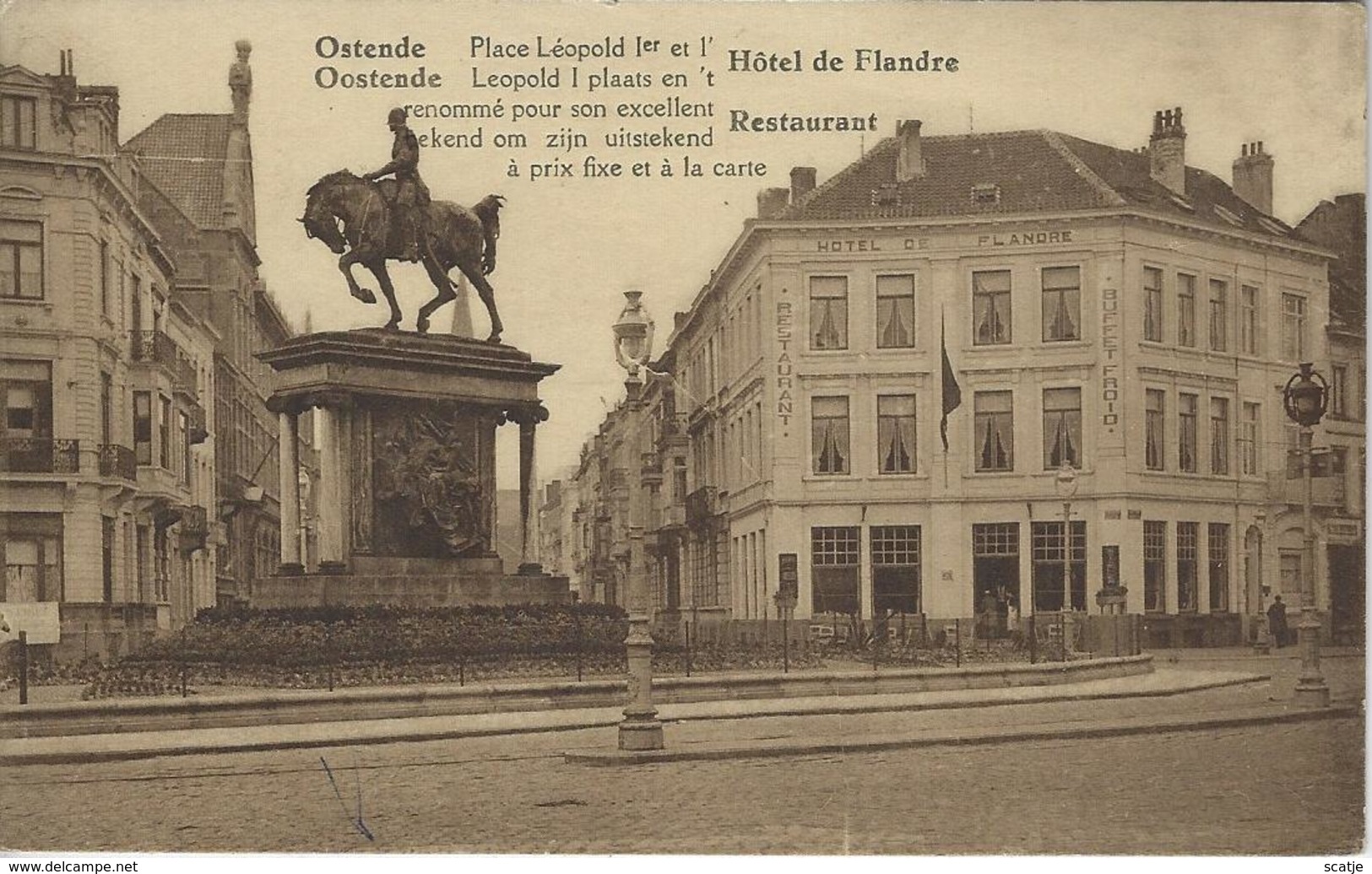 Ostende    -    Place Léopold I   Et   HÔTEL DE FLANDRE  RESTAURANT.  -   REKLAMEKAART! - Oostende