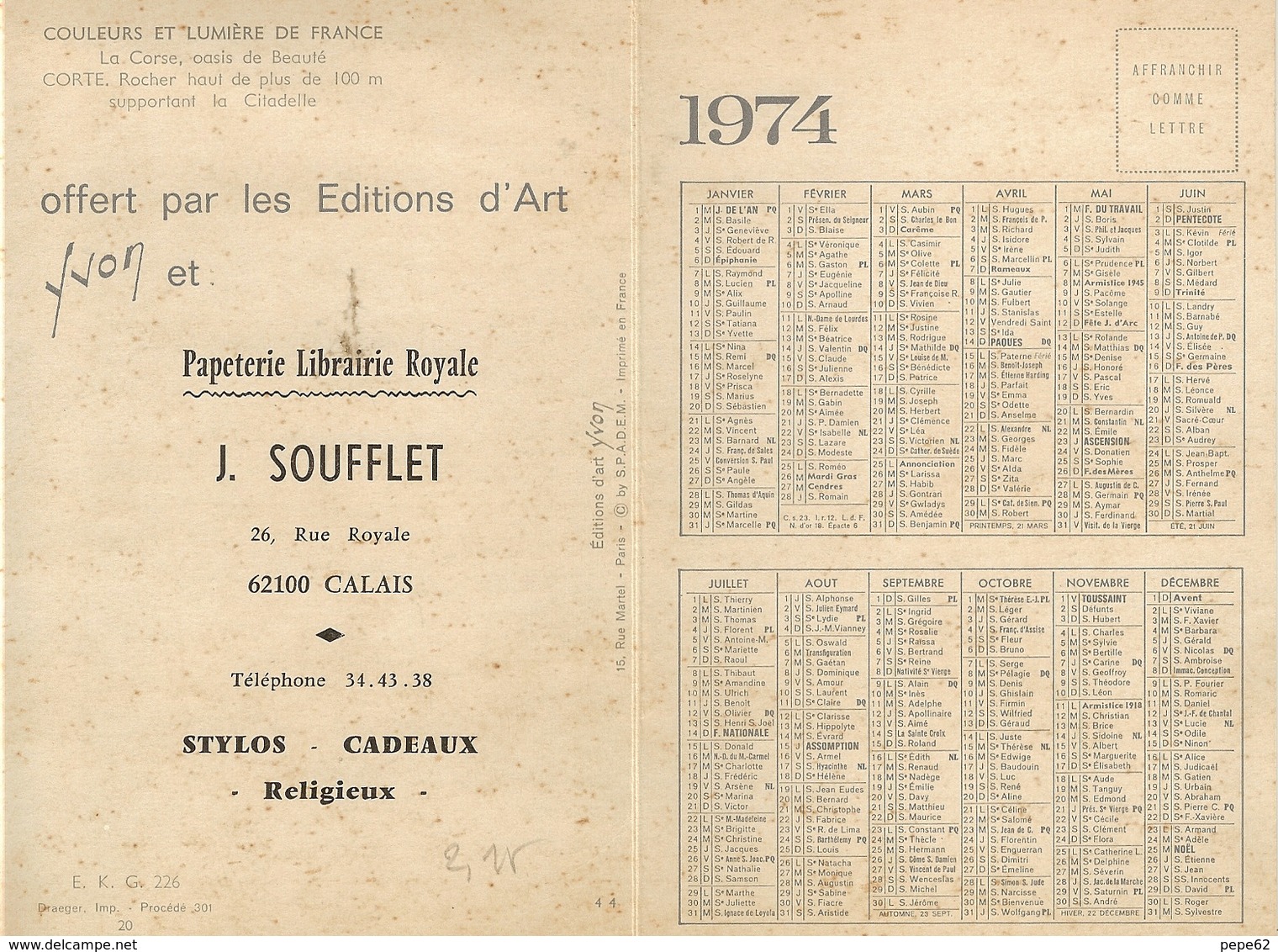 Calais- Calendrier 1974-librairie Royale-J. Soufflet- La Corse -cpm Double - Petit Format : 1971-80