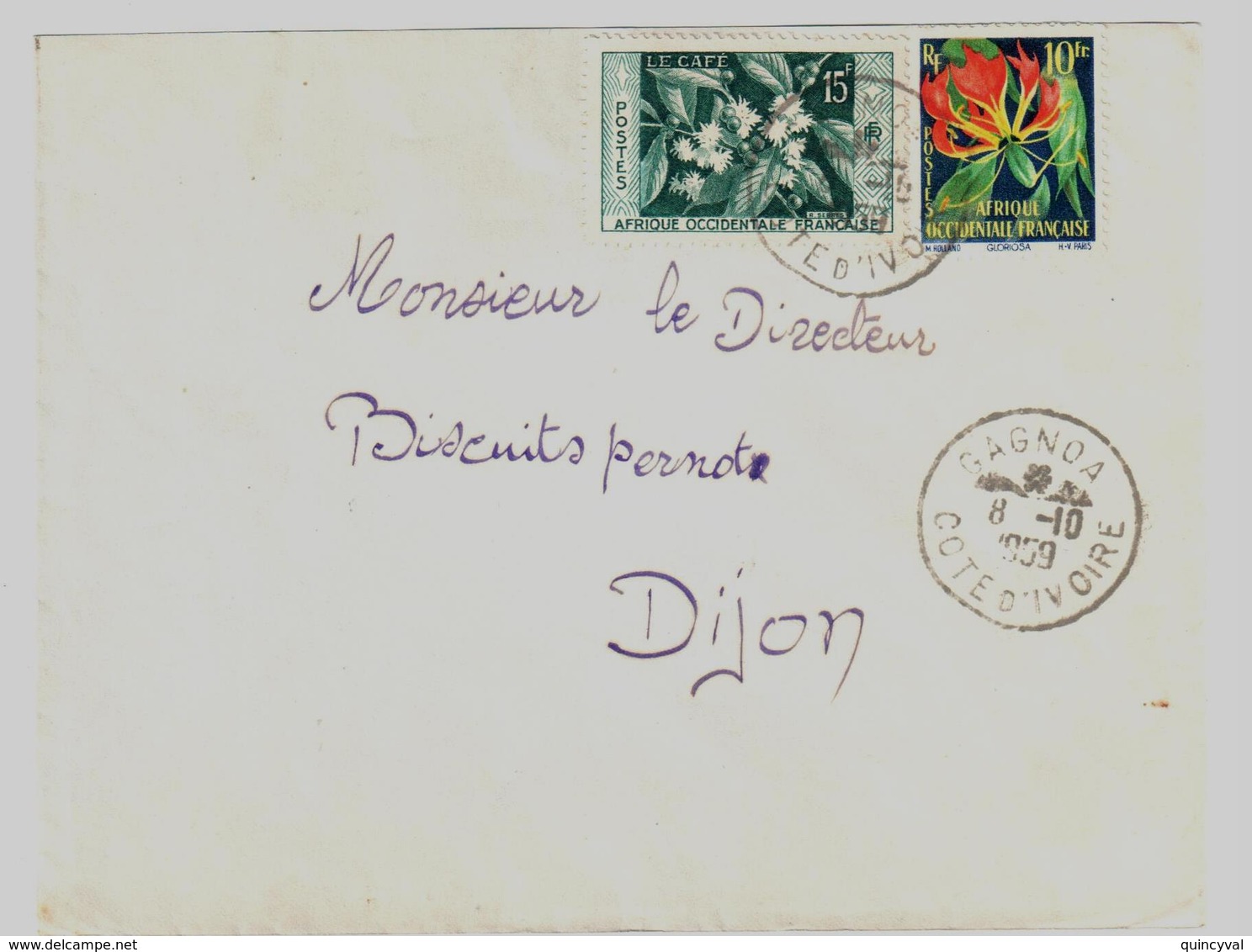 GAGNOA Côte D'ivoire Lettre Dest Dijon Ob 8 10 1959 AOF Yv 62 68 15 F Café 10 F Gloriosa - Lettres & Documents