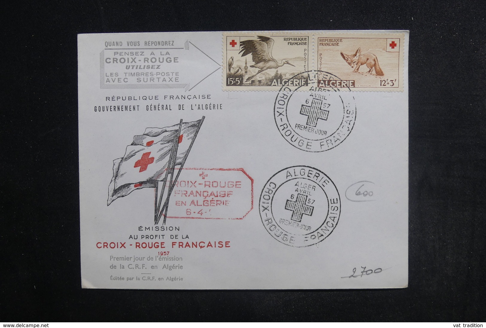 ALGÉRIE - Enveloppe FDC En 1957 - Croix Rouge - Animaux - L 38487 - FDC