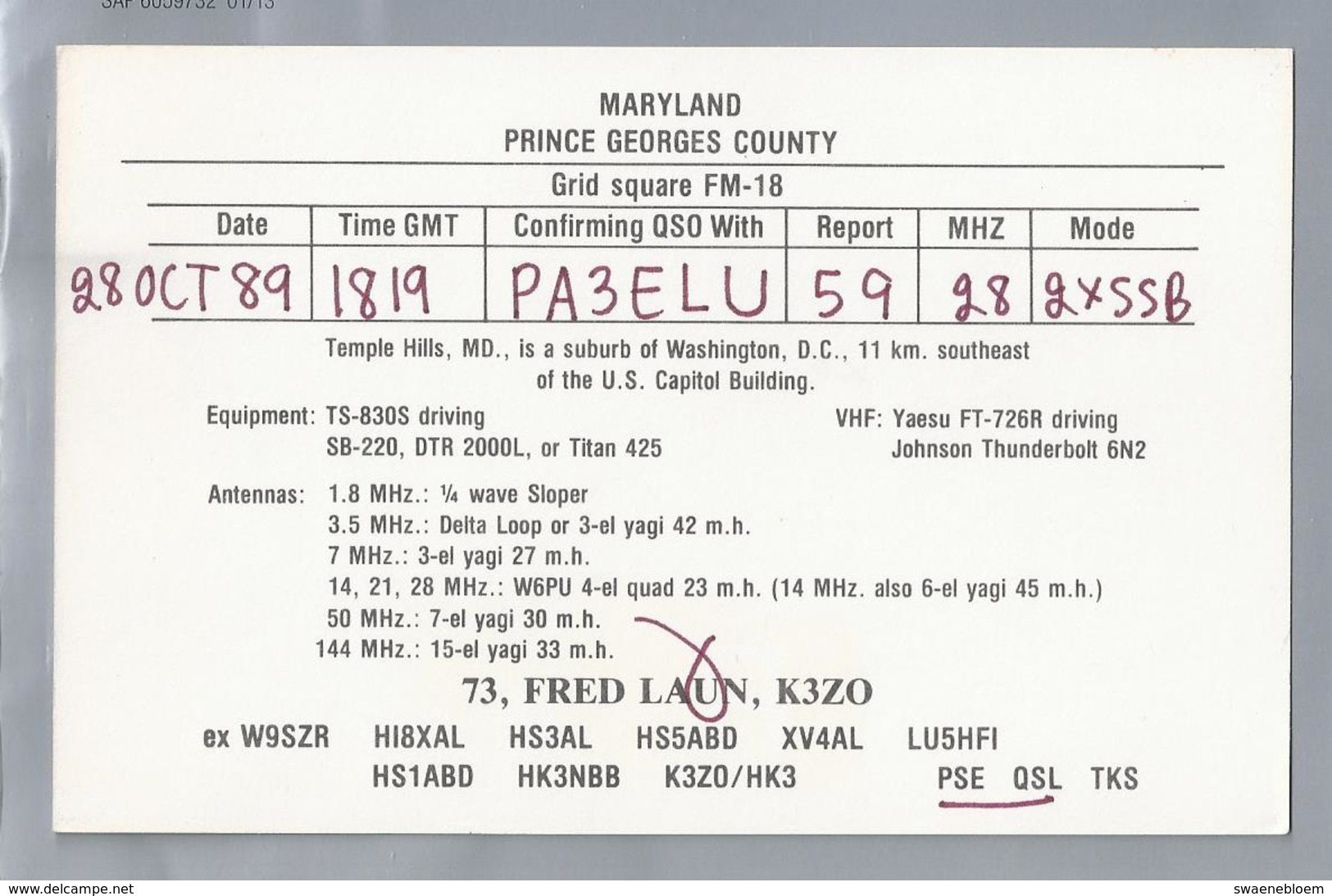 US.- QSL KAART. CARD. K3ZO. FRED LAUN, TEMPLE HILLS, MD. MARYLAND, PRINCE GEORGES COUNTY., U.S.A. - Radio-amateur