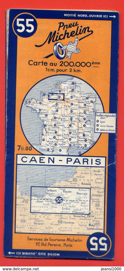 Ancienne Carte Routière MICHELIN N° 55 CAEN-PARIS 1943 - Cartes Routières