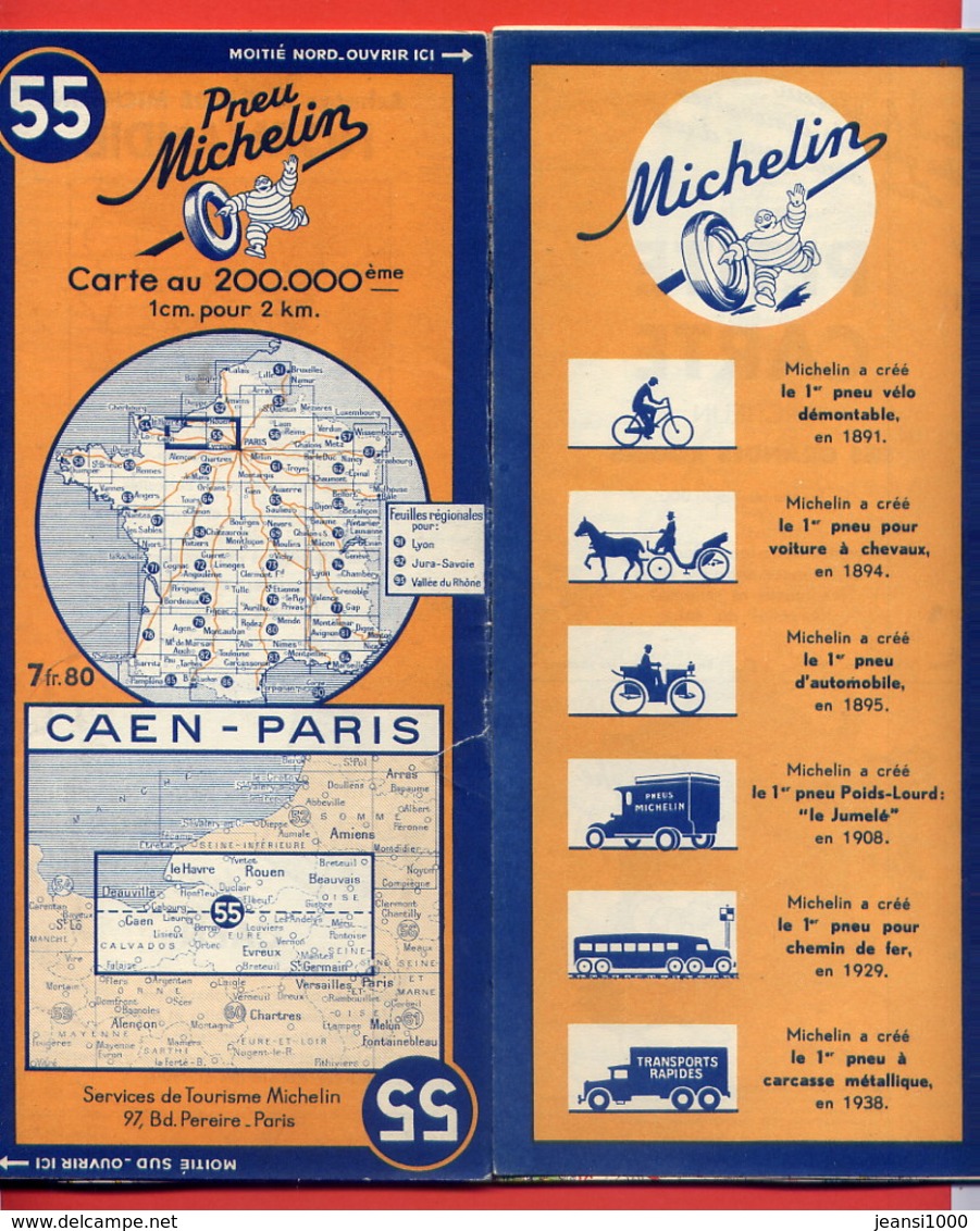 Ancienne Carte Routière MICHELIN N° 55 CAEN-PARIS 1943 - Cartes Routières