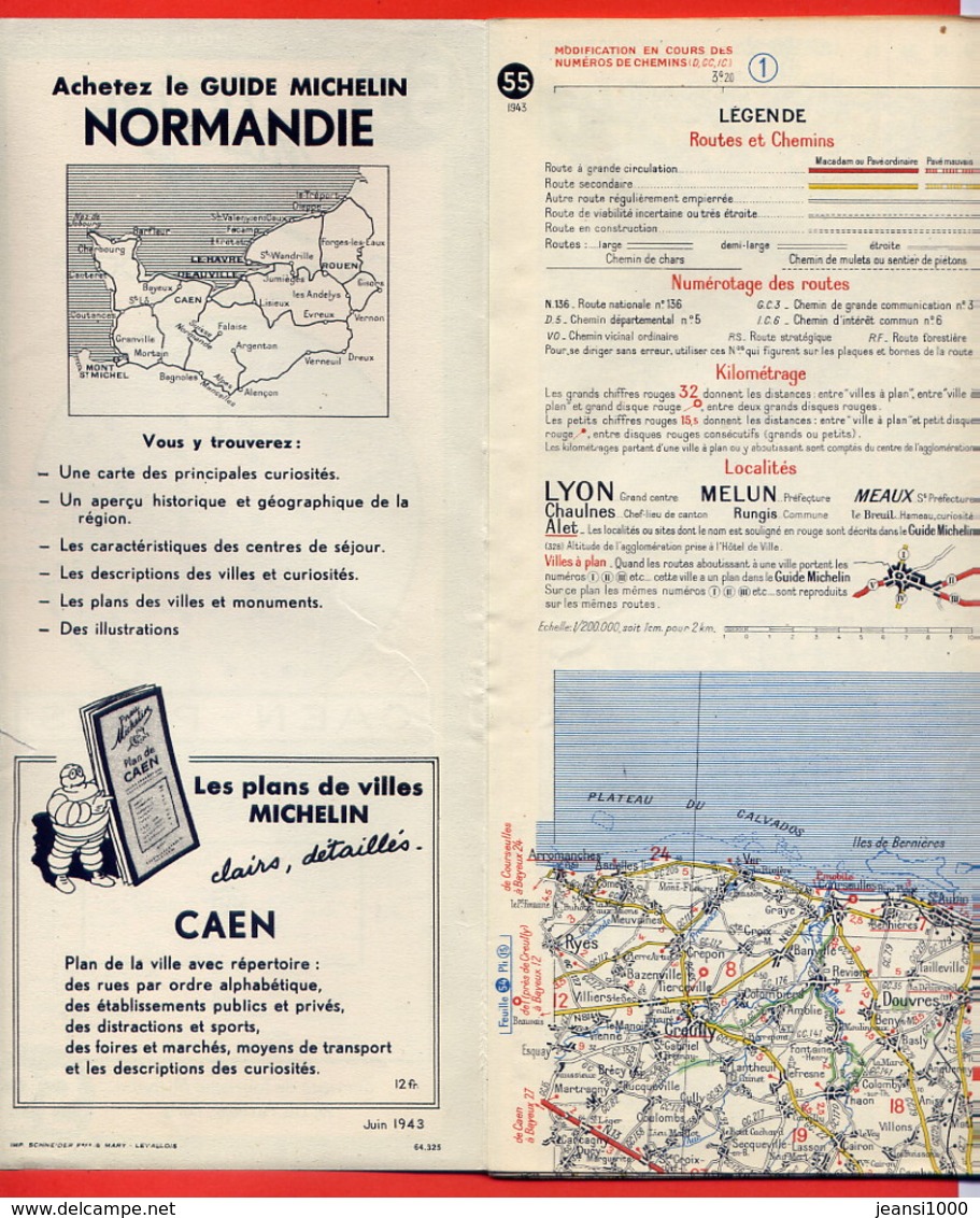 Ancienne Carte Routière MICHELIN N° 55 CAEN-PARIS 1943 - Cartes Routières