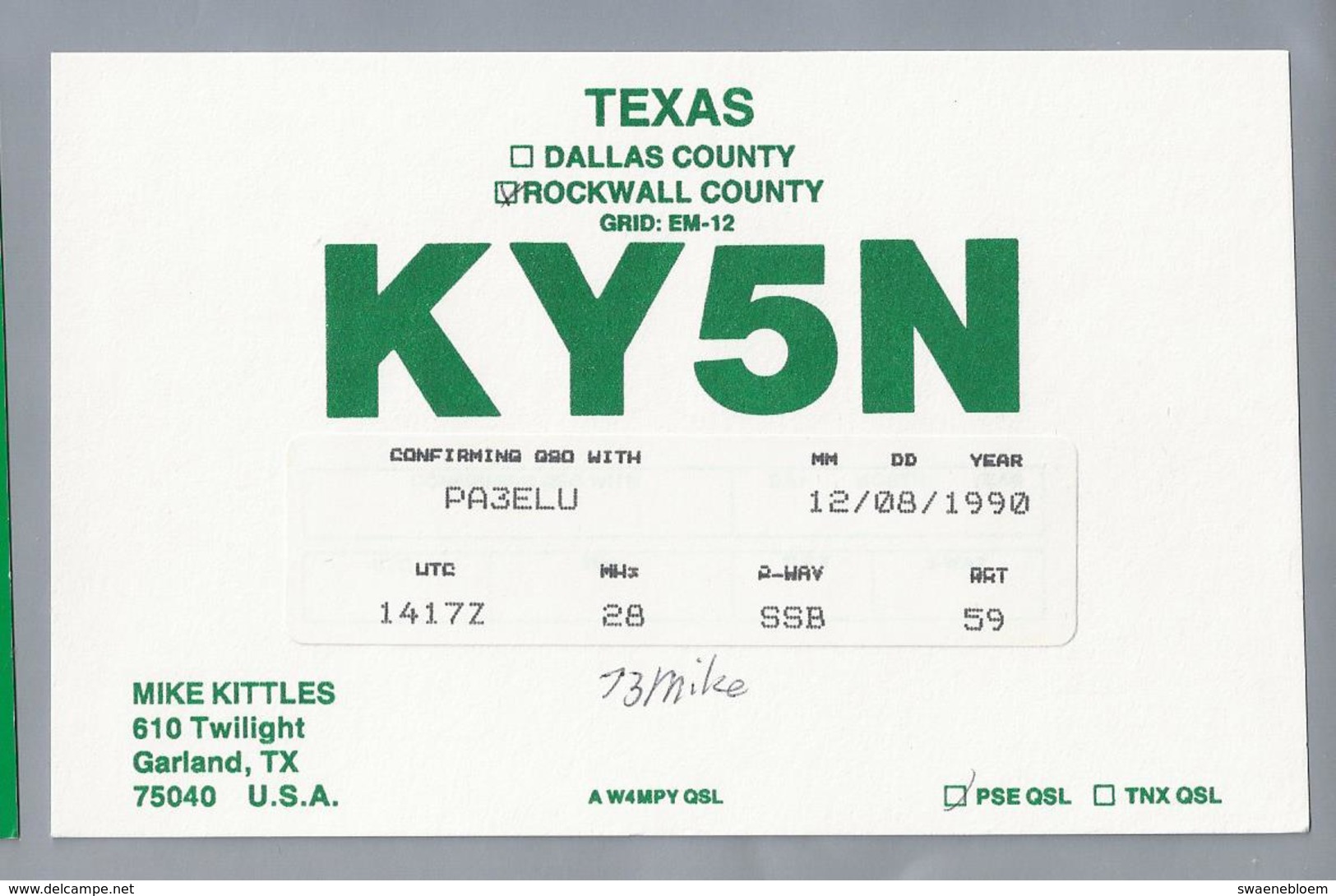 US.- QSL KAART. CARD. KY5N. MIKE KITTLES, GARLAND, TX. TEXAS, ROCKWALL COUNTY., U.S.A. - Radio-amateur