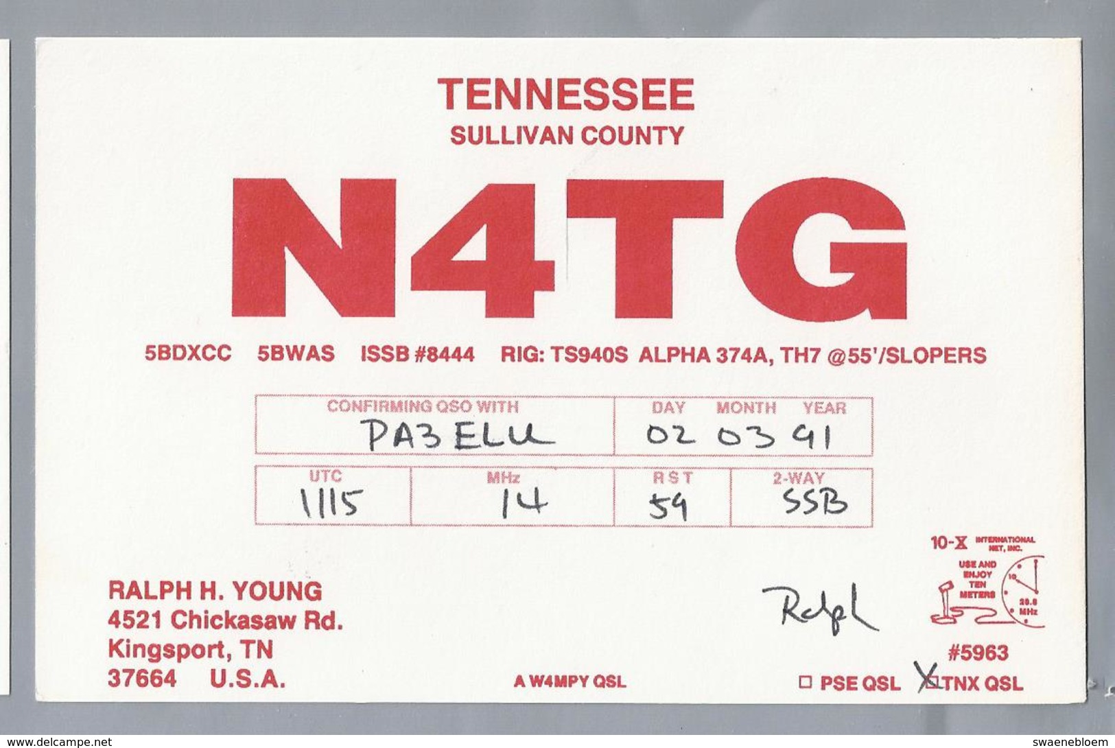 US.- QSL KAART. CARD. N4TG. RALPH H. YOUNG, KINGSPORT, TN. TENNESSEE, SULLIVAN COUNTY., U.S.A. - Radio-amateur