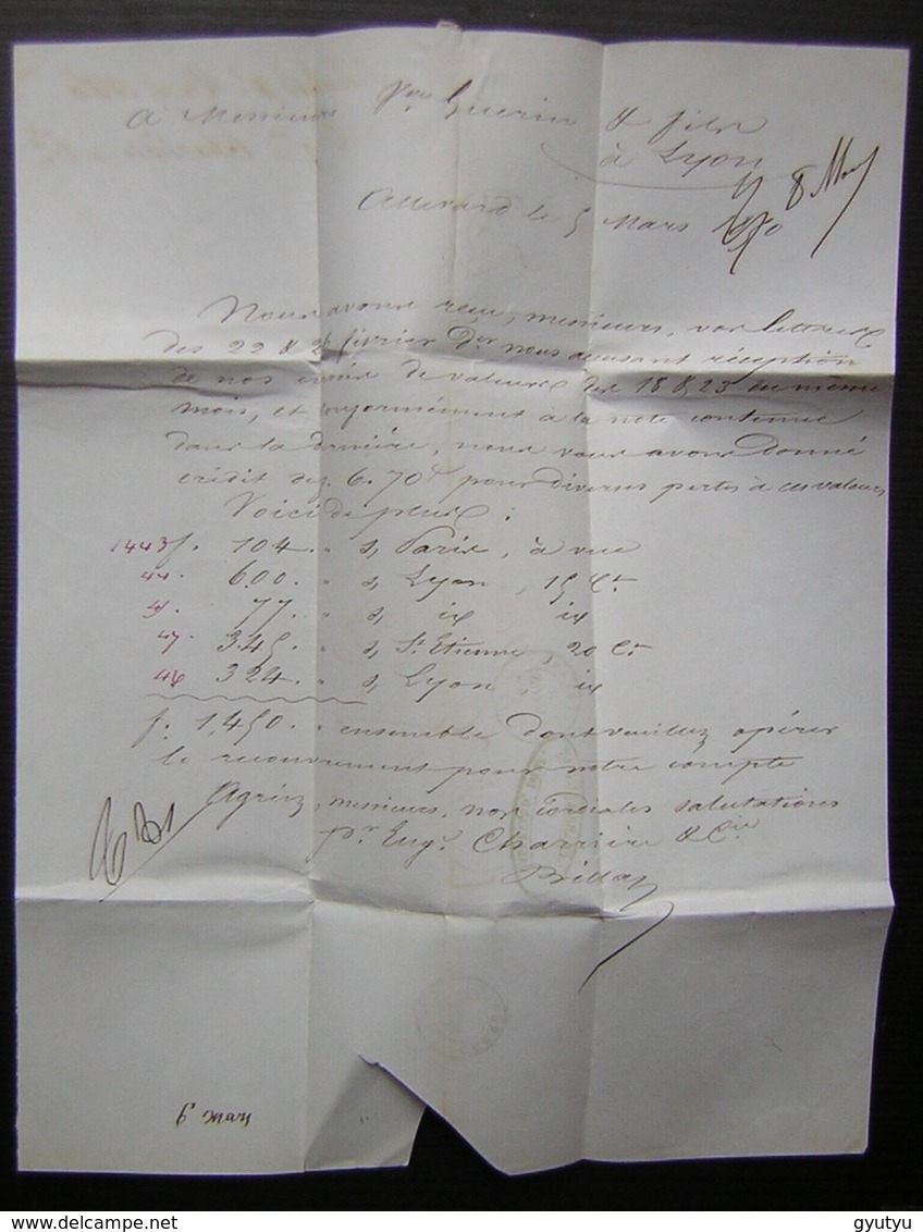 Allevard (Isère) 1850 Lettre Sans Timbre Et Taxée De Charrière & Cie Pour Lyon - 1849-1876: Période Classique