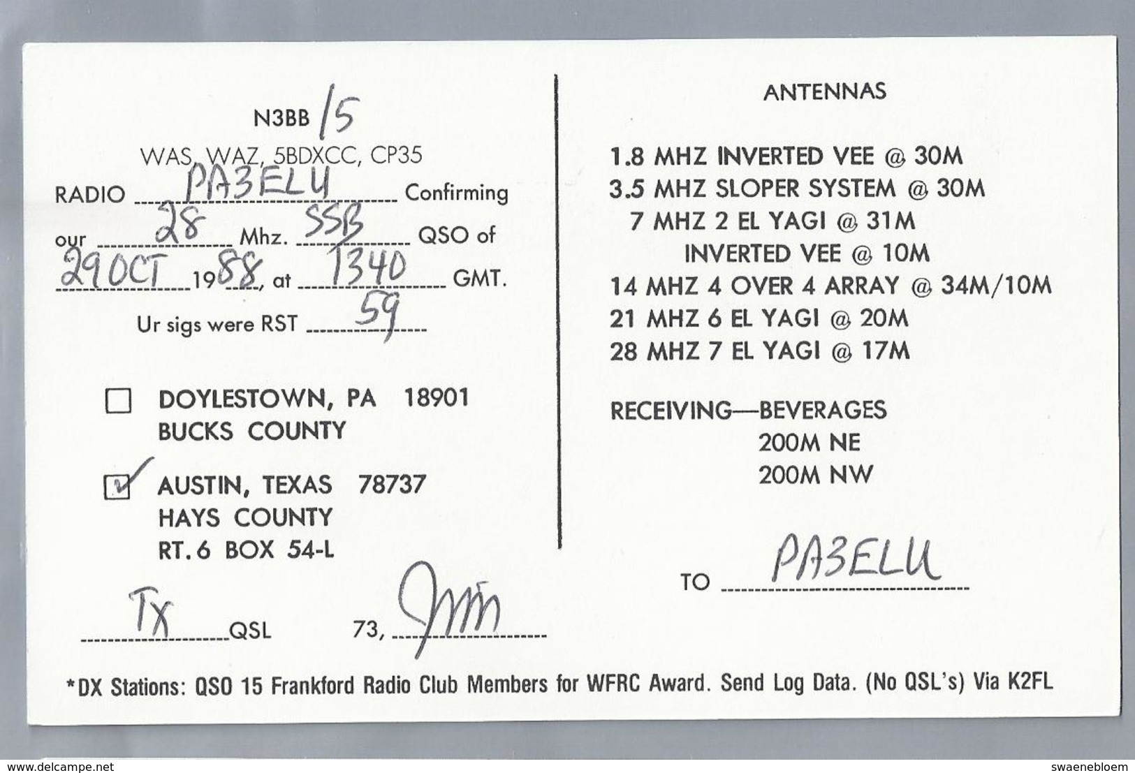 US.- QSL KAART. CARD. N3BB. JIM GEORGE, AUSTIN, TEXAS. MEMBER FRANKFORD RADIO CLUB,  HAYS COUNTY., U.S.A. - Radio-amateur