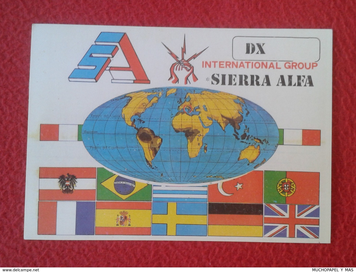 POSTAL POST CARD QSL RADIOAFICIONADOS RADIO AMATEUR FLAG FLAGS BANDERA DX INTERNATIONAL GROUP SIERRA ALFA MAP MAPA MUNDI - Otros & Sin Clasificación