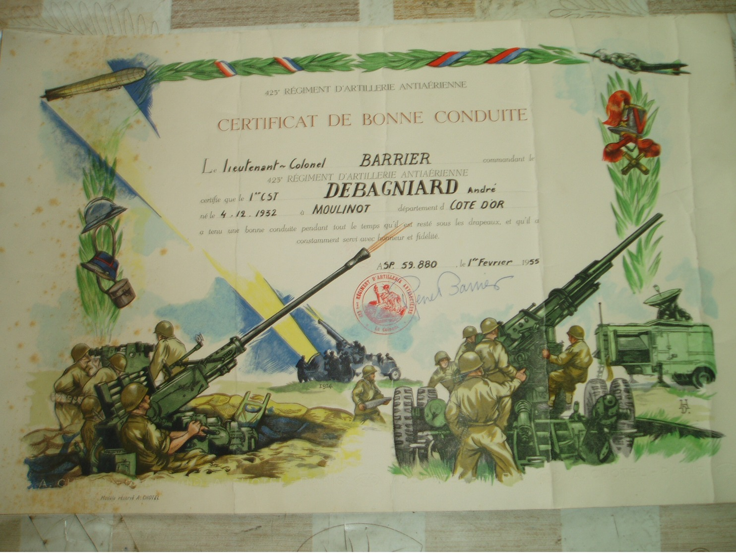 CERTIFICAT DE BONNE CONDUITE-423e REGIMENT D ARTILLERIE ANTI AERIENNE-1955 - Collections