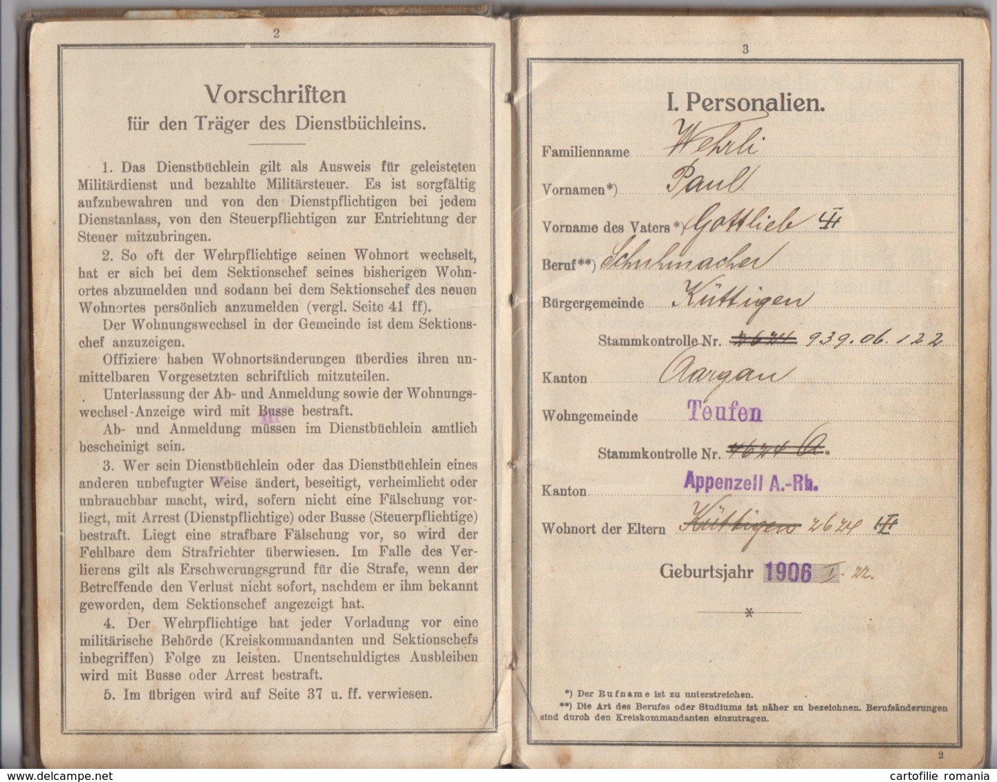 Switzerland - Schweizerische Eidgenossenschaft - Dienstbuchlein - Teufen Appenzell - Wehrli Paul - WW2 WK2 - 55 Pages - 5. Wereldoorlogen