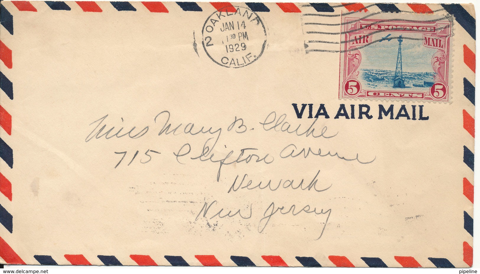 USA Air Mail Cover Sent To New Jersey Oakland Cal. 14-1-1929 (the Cover Is Bended) - 1c. 1918-1940 Lettres