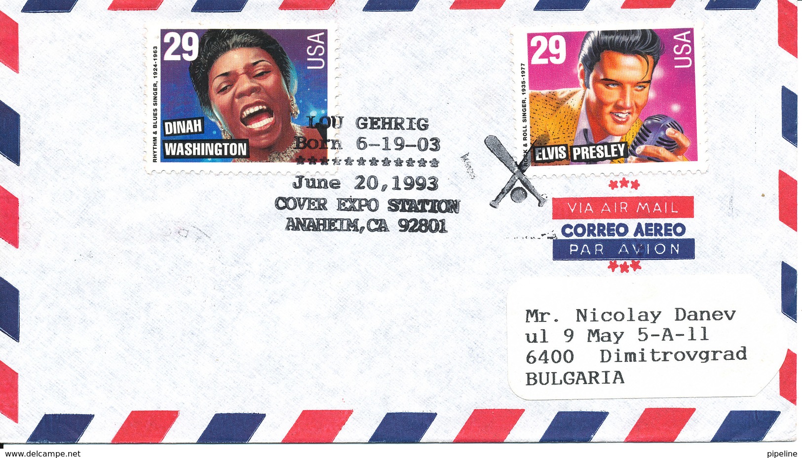 USA Air Mail Cover Sent To Bulgaria 20-6-1993 Elvis Presley And Dinah Washington On The Stamps - 3c. 1961-... Storia Postale