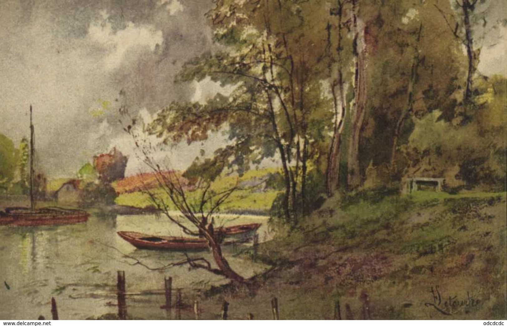 Illustrateur "Letendre" Bord De Rivière Barques RV - Peintures & Tableaux