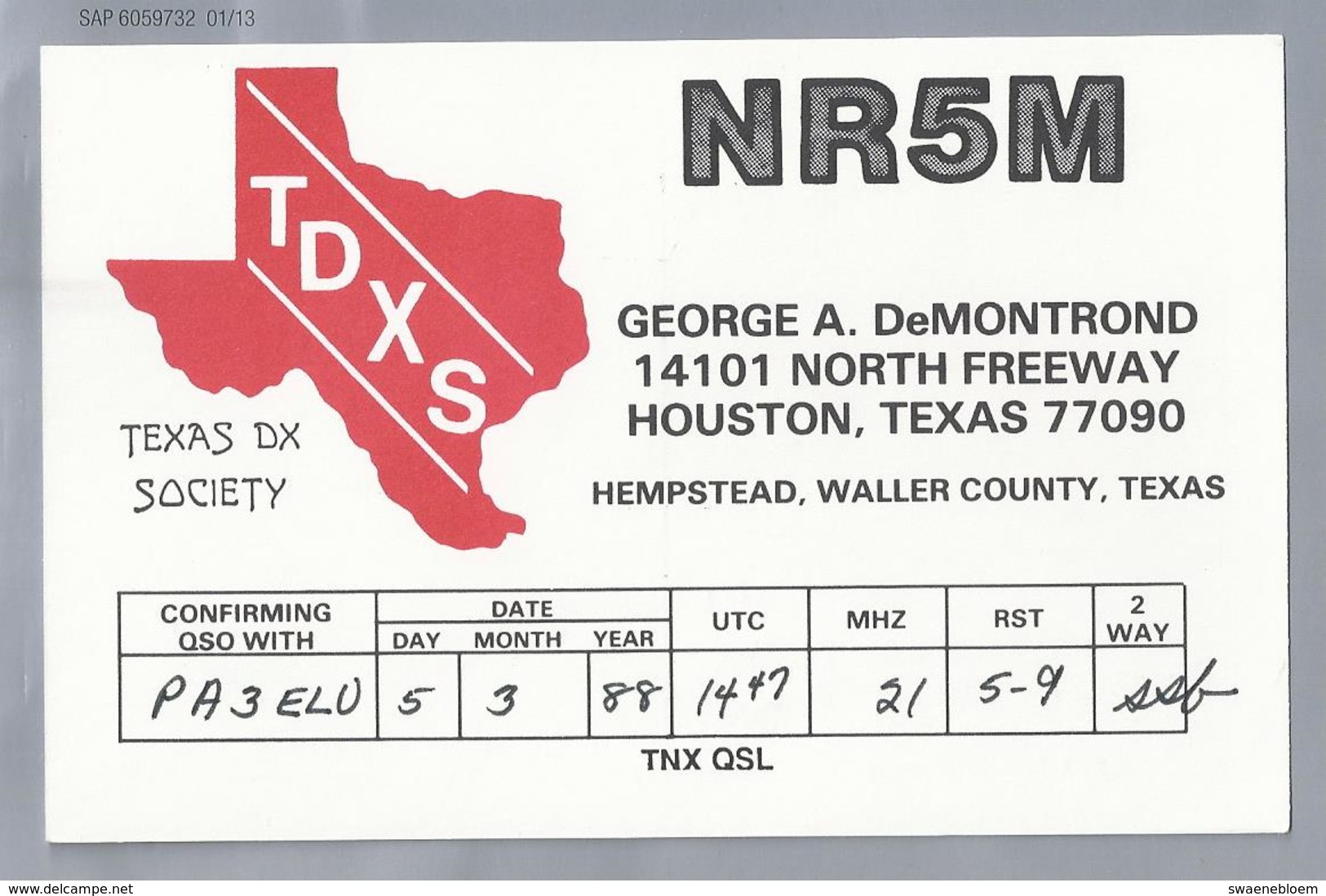 US.- QSL KAART. CARD. NR5M. GEORGE A. DeMONTROND, HOUSTON, TEXAS, HEMPSTEAD, WALLER COUNTY. TDXS. U.S.A. - Radio-amateur