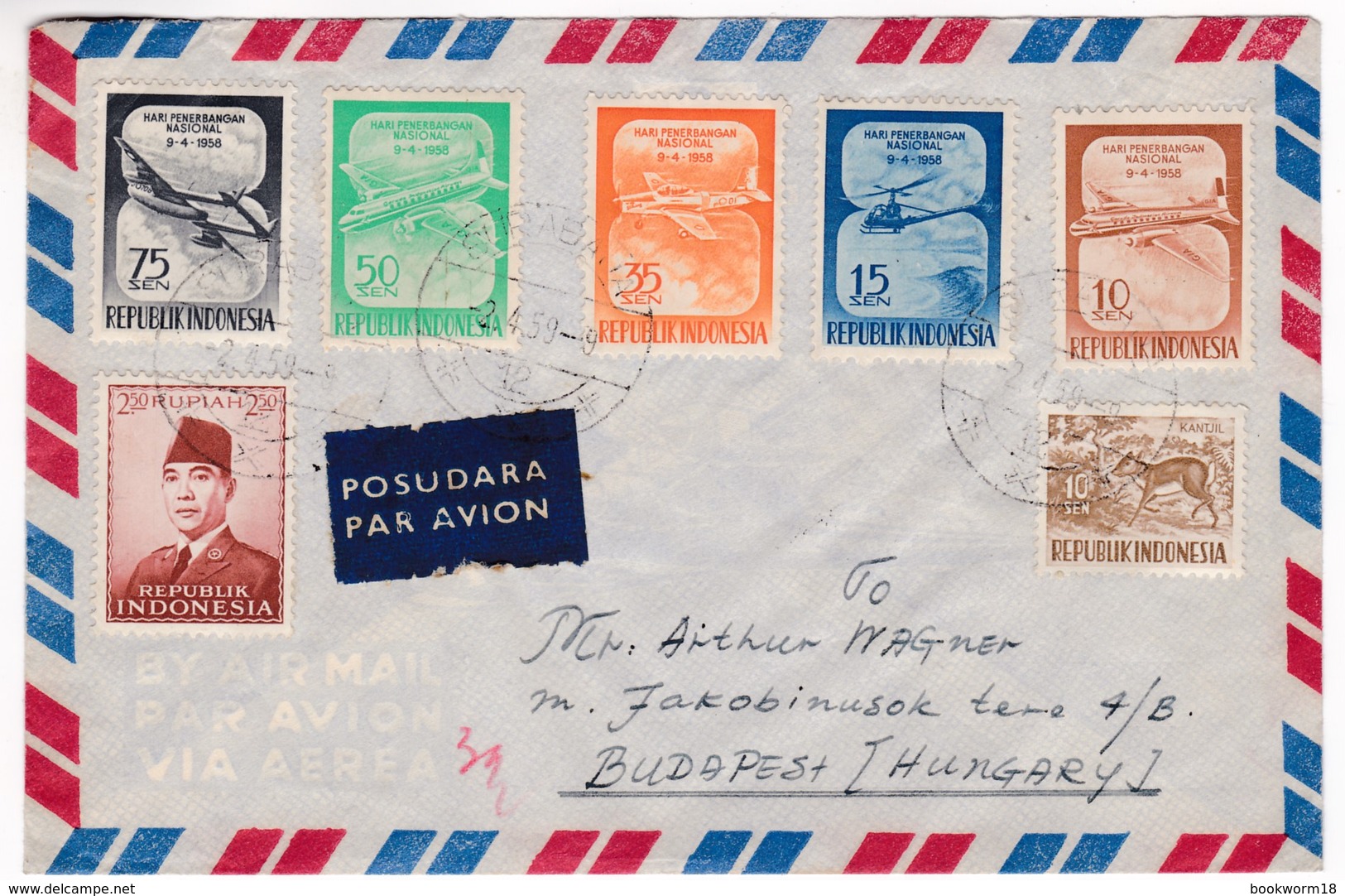 M566 Indonesia Air Mail Par Avion Letter To Hungary 1959 Aviation Day - Indonesien