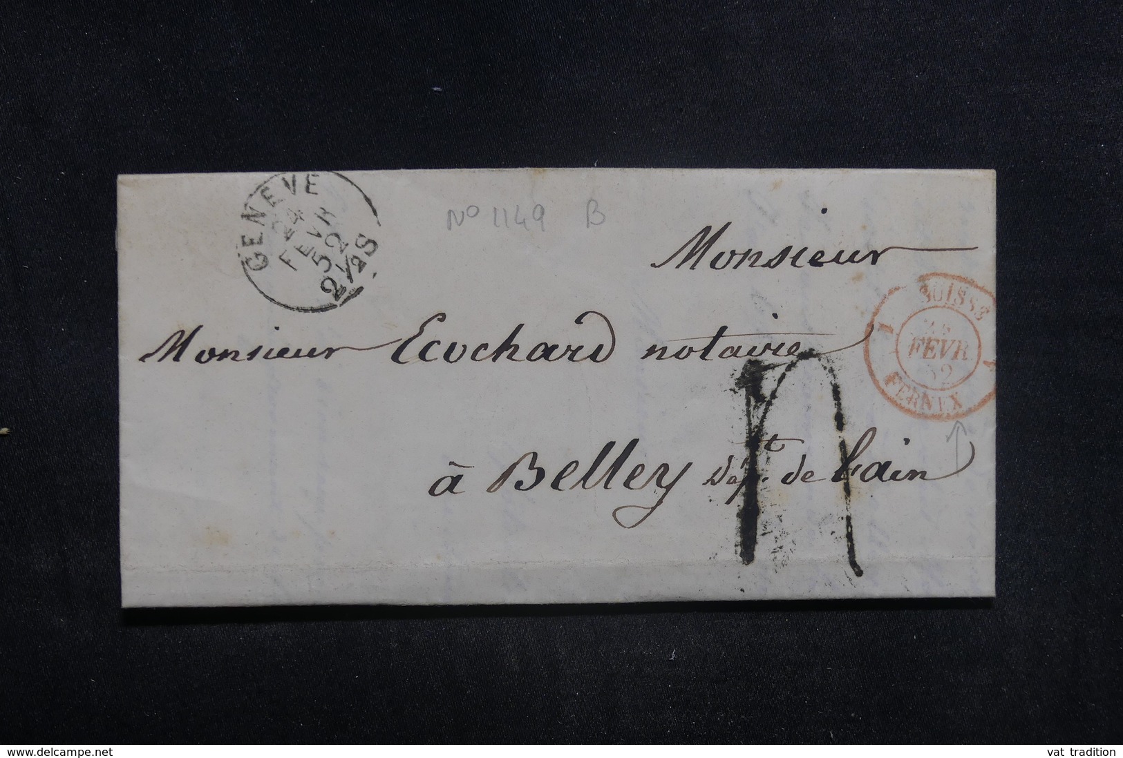 FRANCE - Cachet D'entrée " SUISSE / FERNEX " Sur Lettre De Genève Pour Belley En 1852 - L 38587 - Marques D'entrées