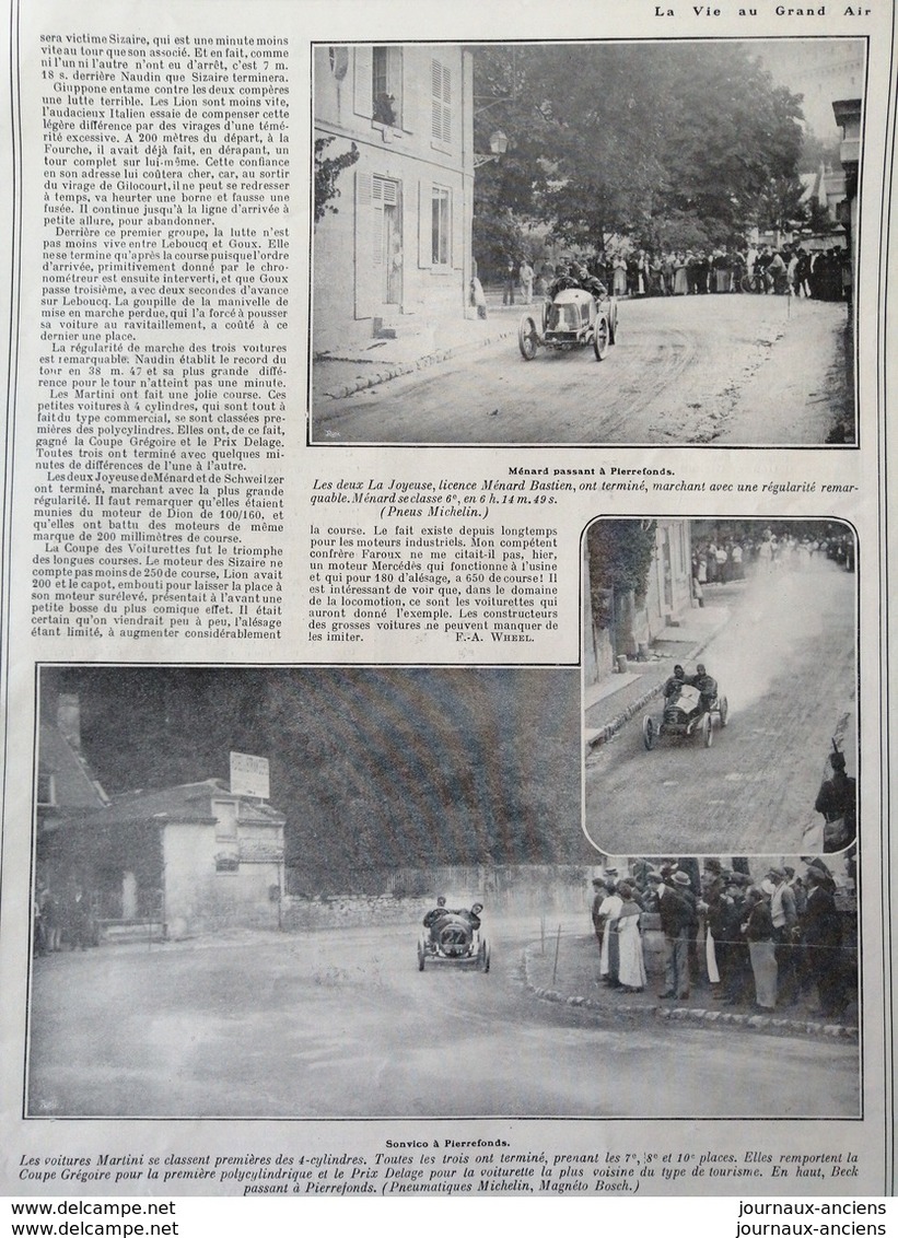 1908 AUTOMOBILE - COMPIÉGNE - LA COUPE DES VOITURETTES - SIZAIRE - F DE BAZELAIRE - MENARD ET SONVICO À PIERREFONDS - 1900 - 1949