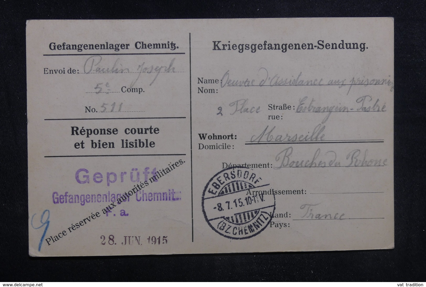 FRANCE / ALLEMAGNE - Carte De Correspondance De Prisonnier Du Camp De Chemnitz Pour Marseille En 1915 - L 38605 - Guerra De 1914-18